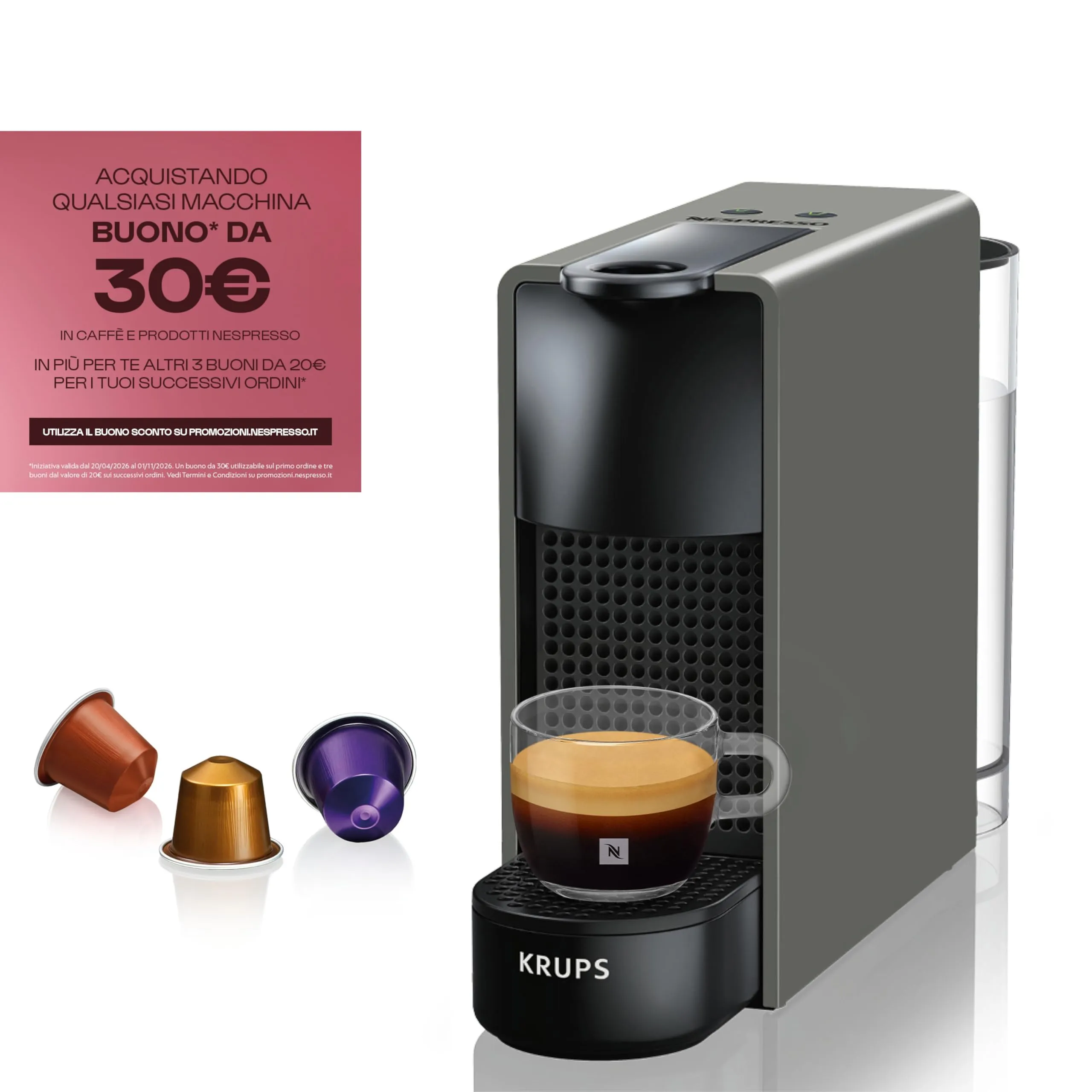 Krups Nespresso Essenza Mini XN110B Kaffeekapselmaschine, 0,6 L, 19 bar, Grau - immagine 2