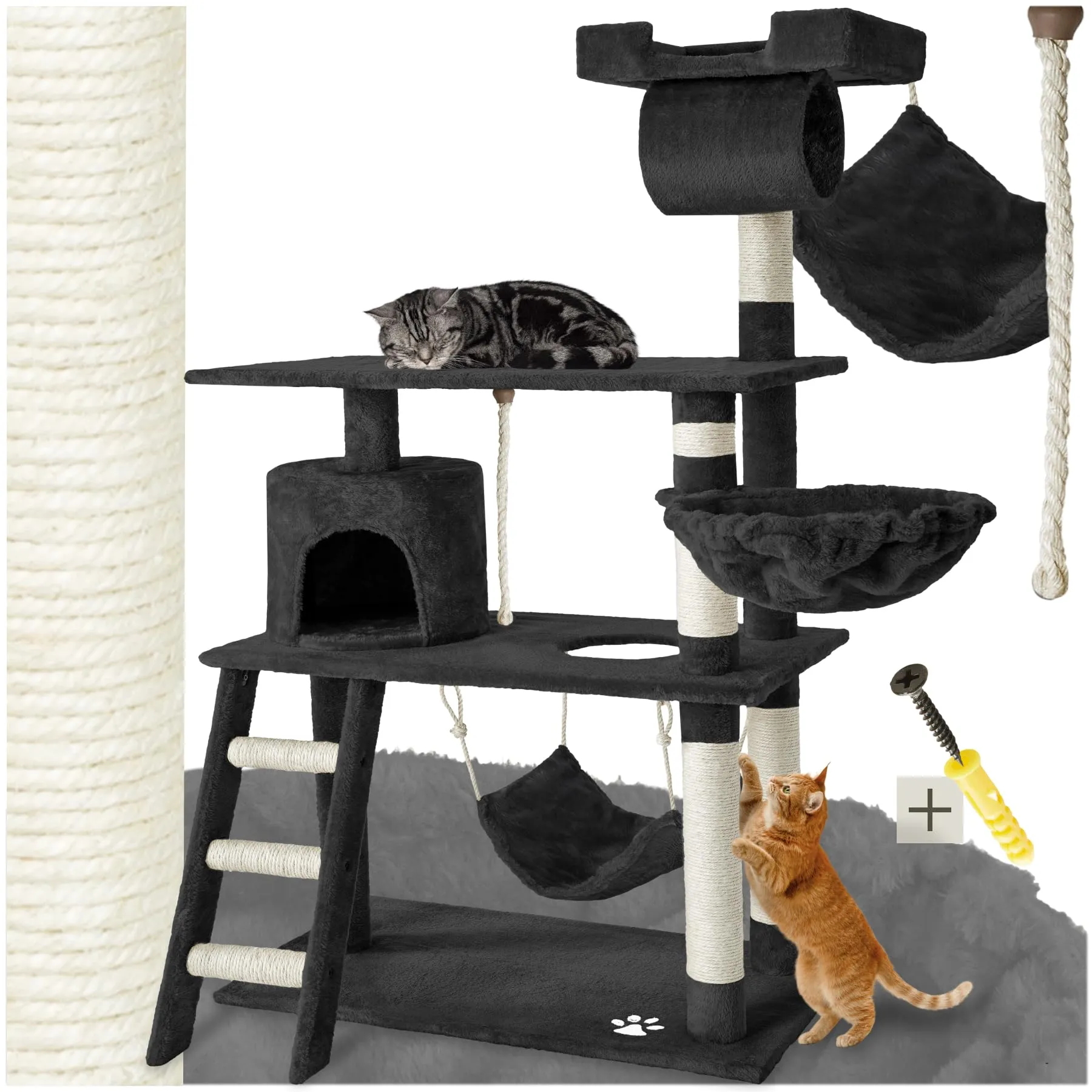 tectake Tiragraffi Multifunzionale per Gatti con Amaca, Piattaforme Elevate e Colonne in Sisal - Nero - immagine 1