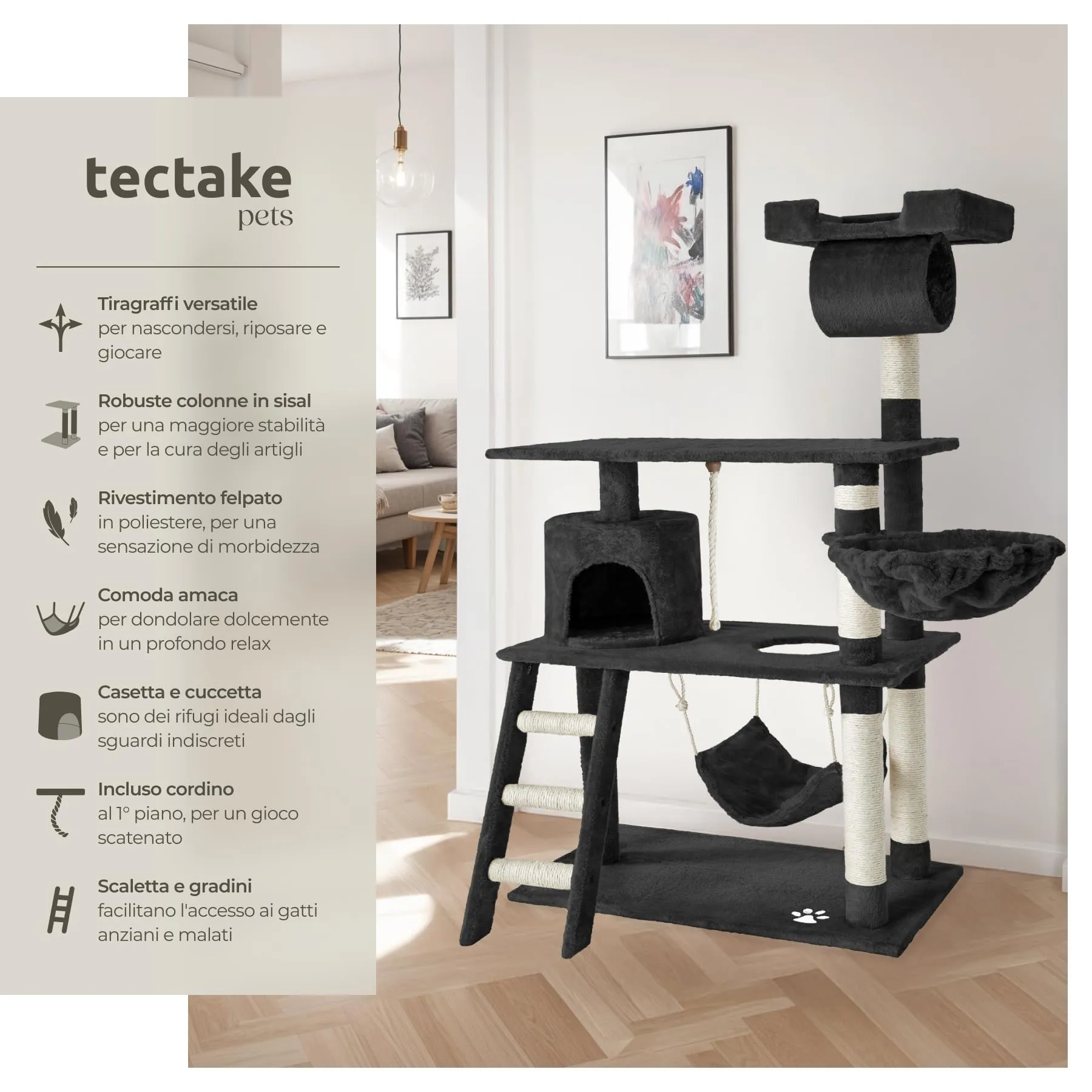 tectake Tiragraffi Multifunzionale per Gatti con Amaca, Piattaforme Elevate e Colonne in Sisal - Nero - immagine 2