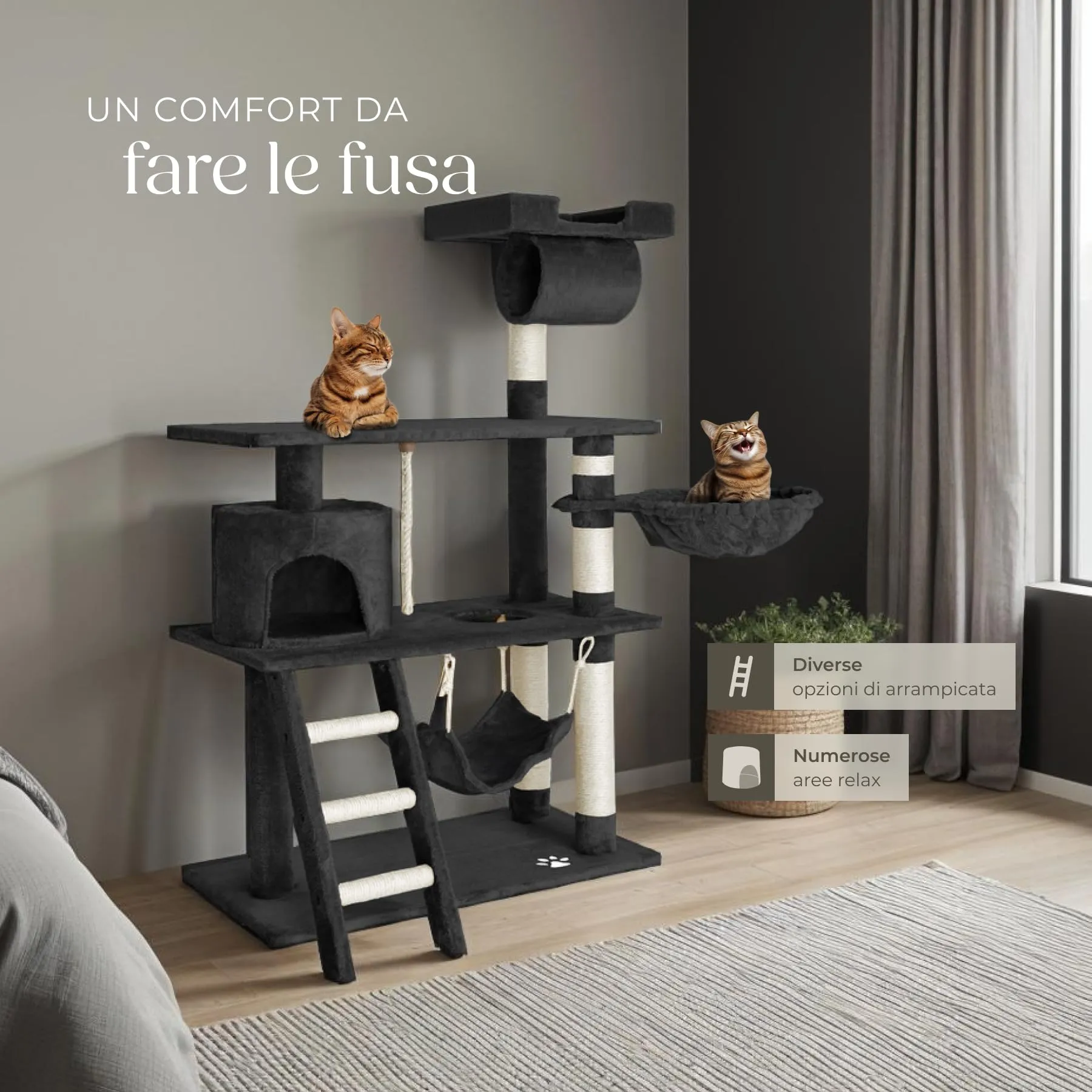 tectake Tiragraffi Multifunzionale per Gatti con Amaca, Piattaforme Elevate e Colonne in Sisal - Nero - immagine 3