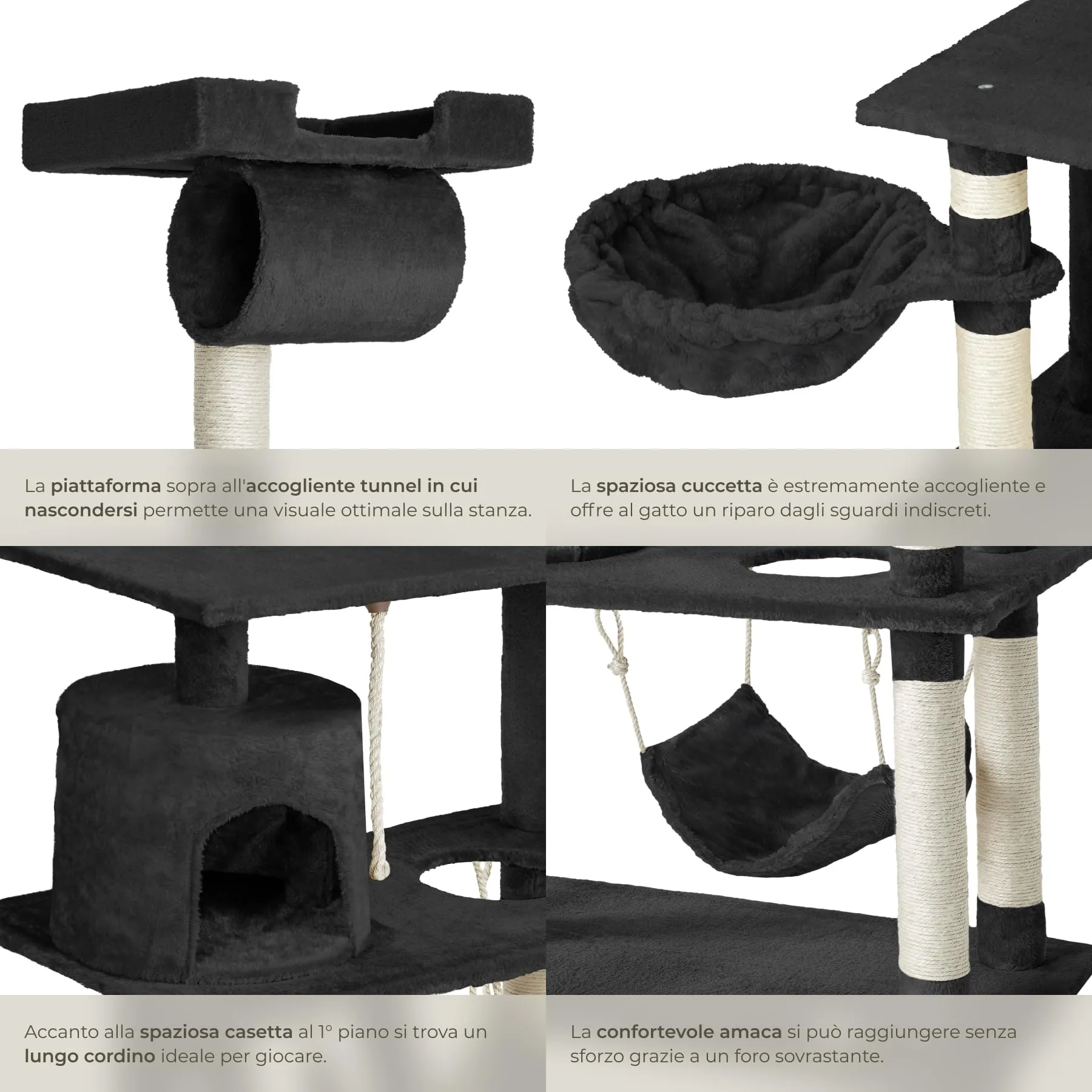 tectake Tiragraffi Multifunzionale per Gatti con Amaca, Piattaforme Elevate e Colonne in Sisal - Nero - immagine 4