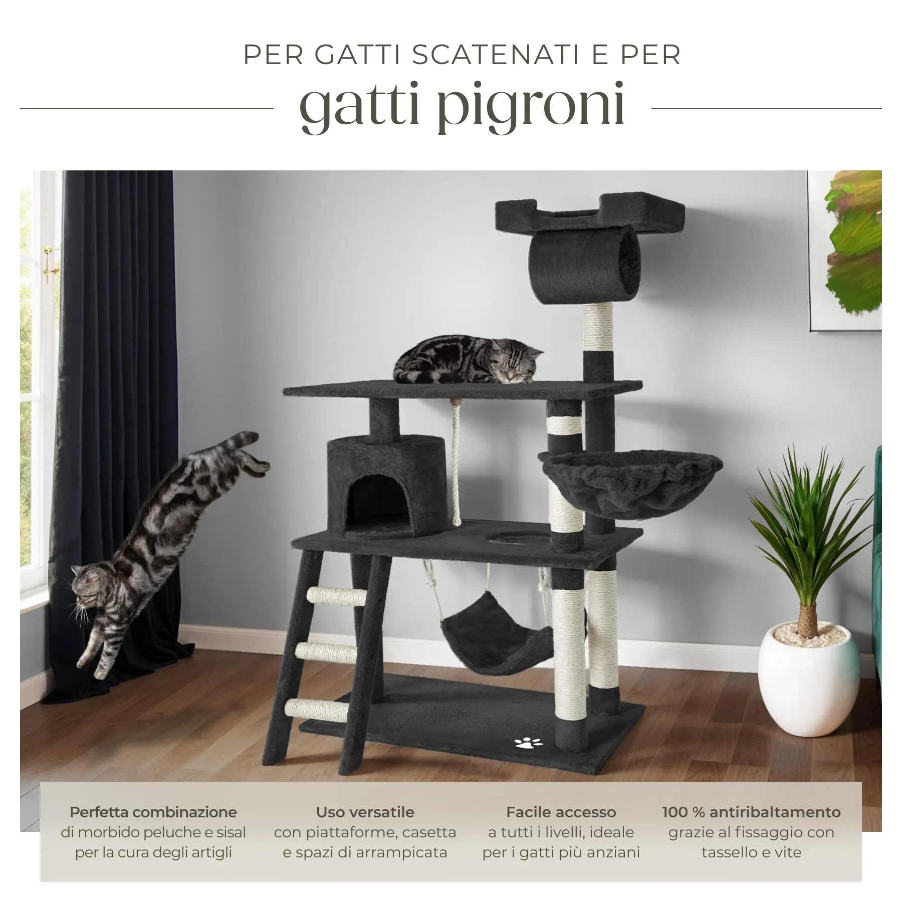 tectake Tiragraffi Multifunzionale per Gatti con Amaca, Piattaforme Elevate e Colonne in Sisal - Nero - immagine 5