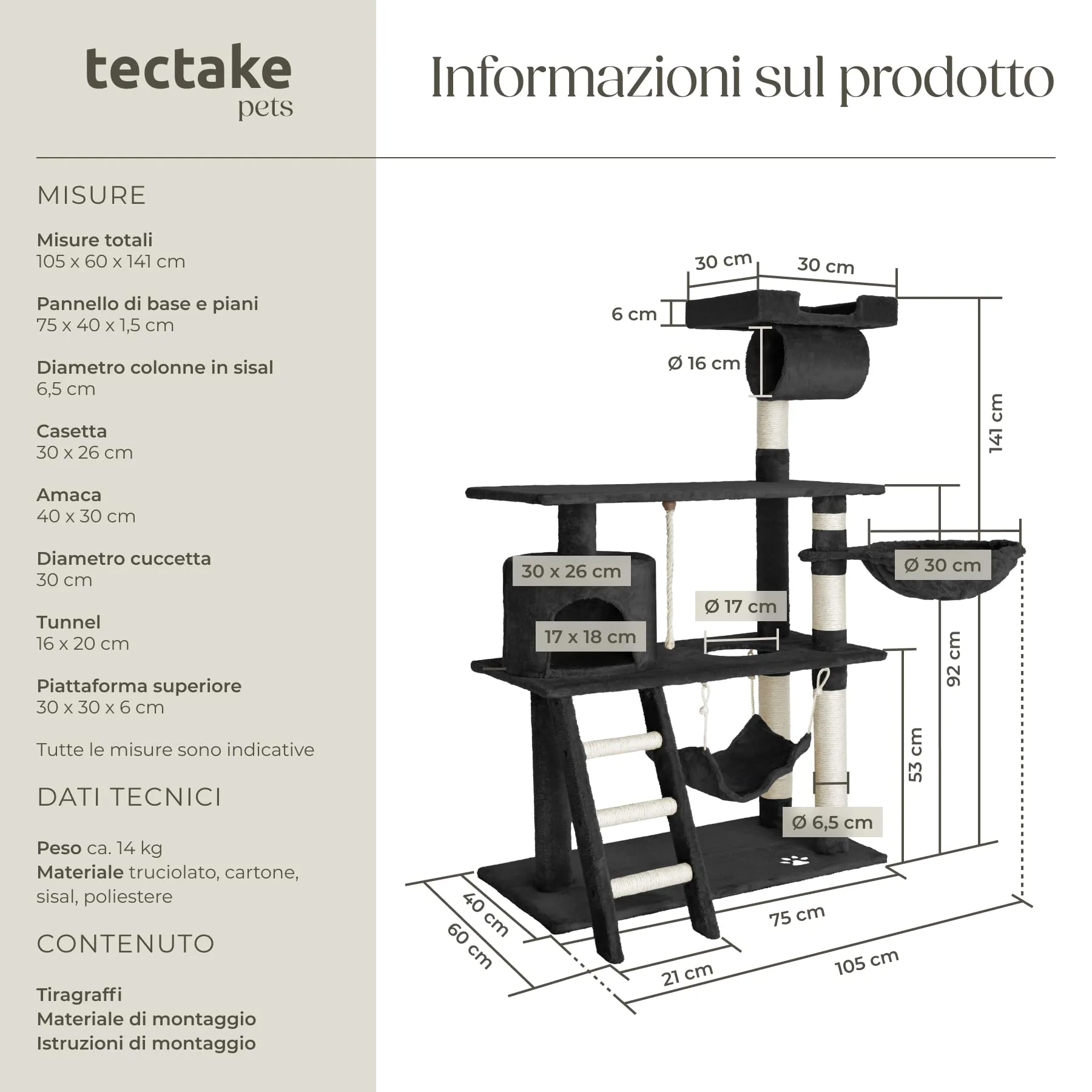tectake Tiragraffi Multifunzionale per Gatti con Amaca, Piattaforme Elevate e Colonne in Sisal - Nero - immagine 6