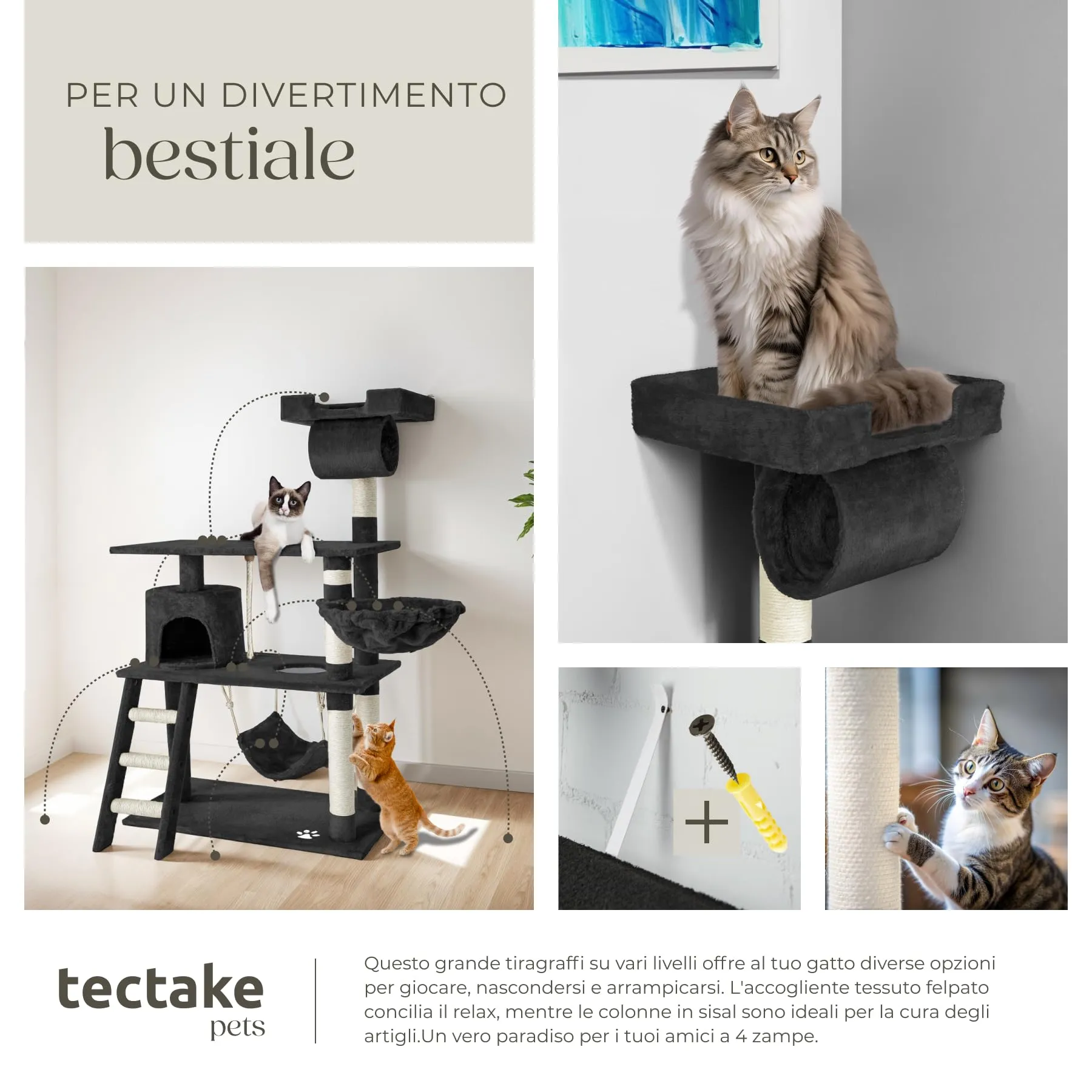 tectake Tiragraffi Multifunzionale per Gatti con Amaca, Piattaforme Elevate e Colonne in Sisal - Nero - immagine 7