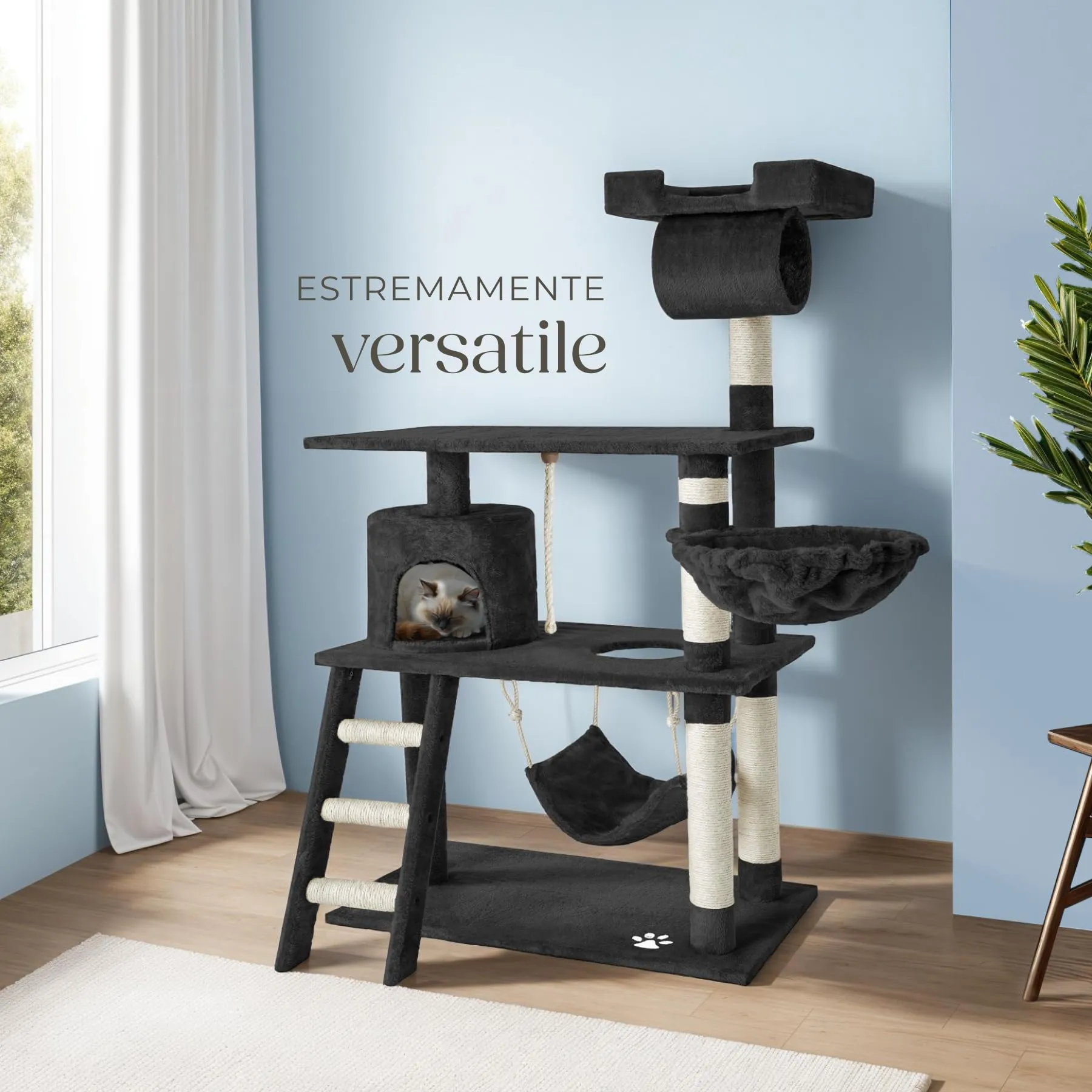 tectake Tiragraffi Multifunzionale per Gatti con Amaca, Piattaforme Elevate e Colonne in Sisal - Nero - immagine 8