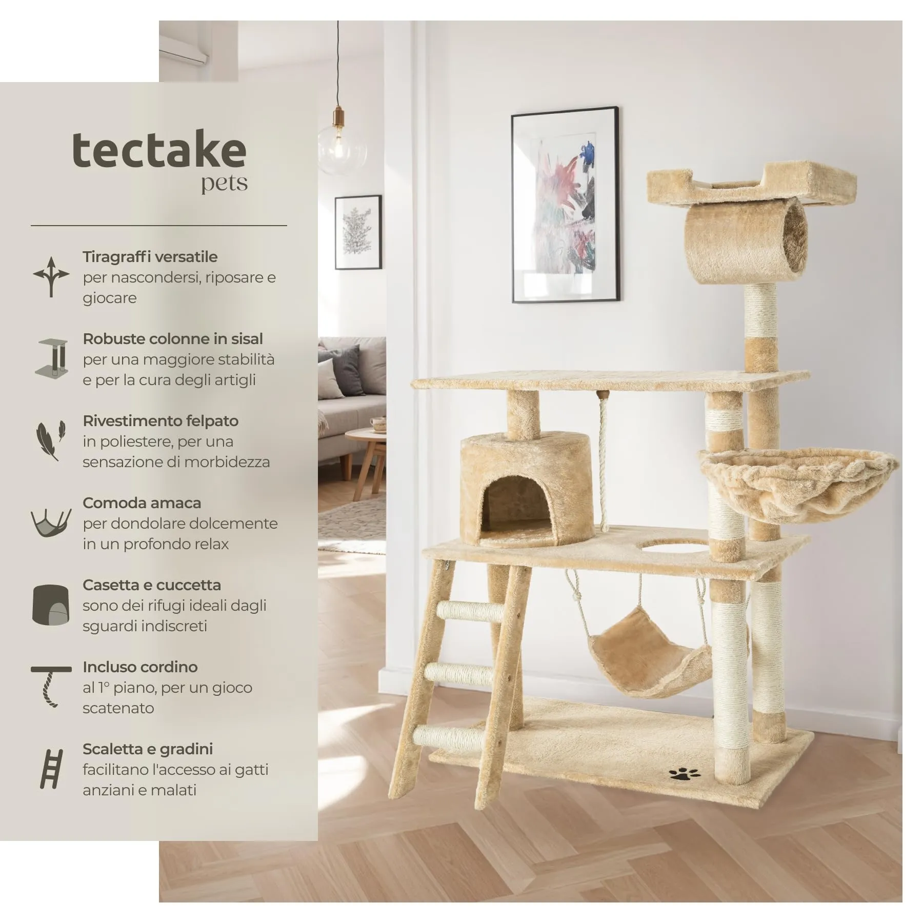 tectake Tiragraffi Multifunzionale per Gatti con Amaca, Piattaforme Elevate e Colonne in Sisal - Beige - immagine 2
