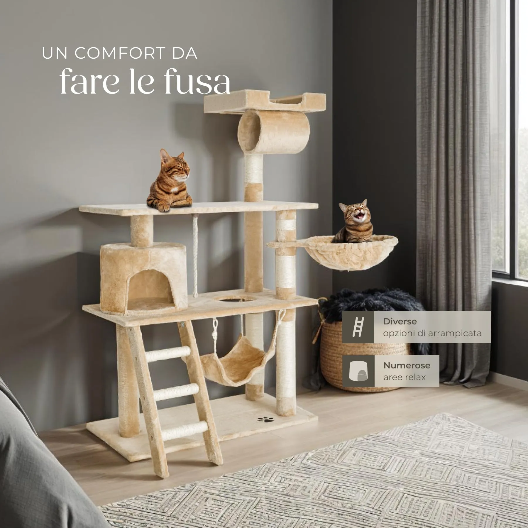 tectake Tiragraffi Multifunzionale per Gatti con Amaca, Piattaforme Elevate e Colonne in Sisal - Beige - immagine 3
