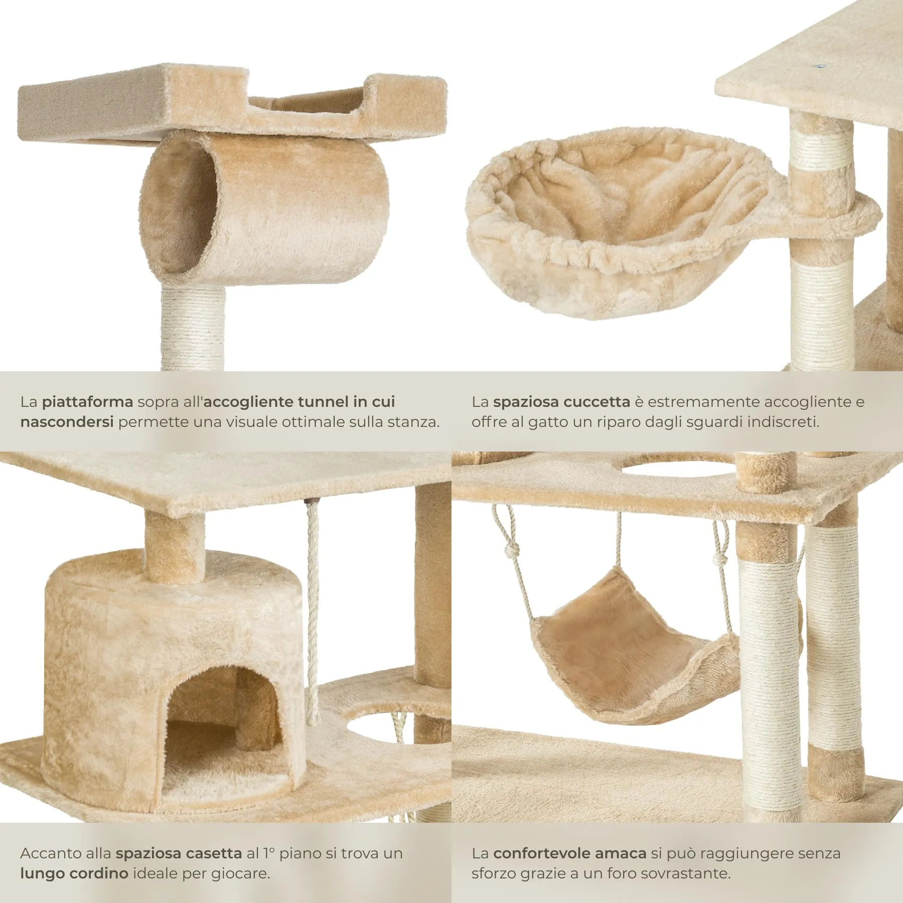 tectake Tiragraffi Multifunzionale per Gatti con Amaca, Piattaforme Elevate e Colonne in Sisal - Beige - immagine 4