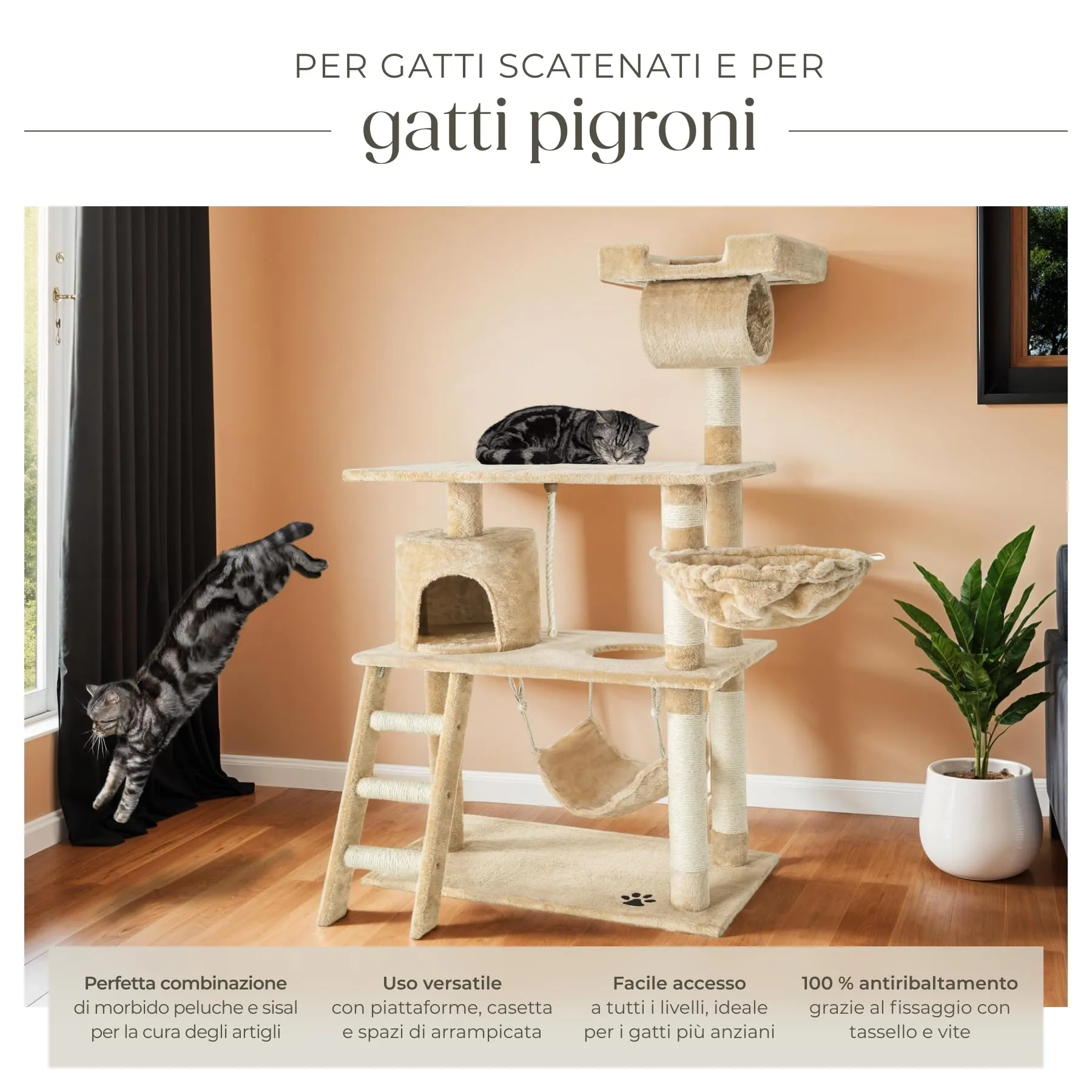 tectake Tiragraffi Multifunzionale per Gatti con Amaca, Piattaforme Elevate e Colonne in Sisal - Beige - immagine 5