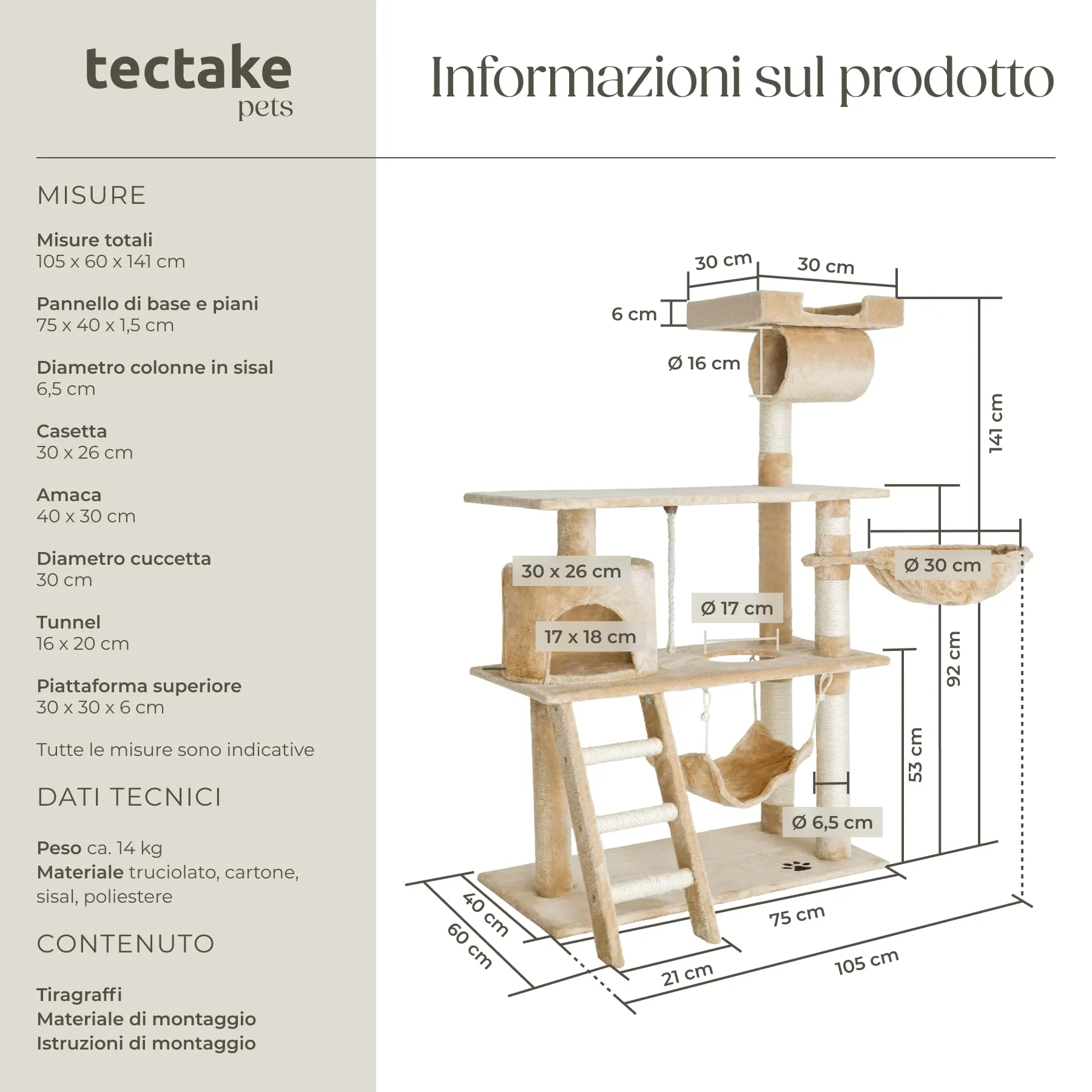 tectake Tiragraffi Multifunzionale per Gatti con Amaca, Piattaforme Elevate e Colonne in Sisal - Beige - immagine 6