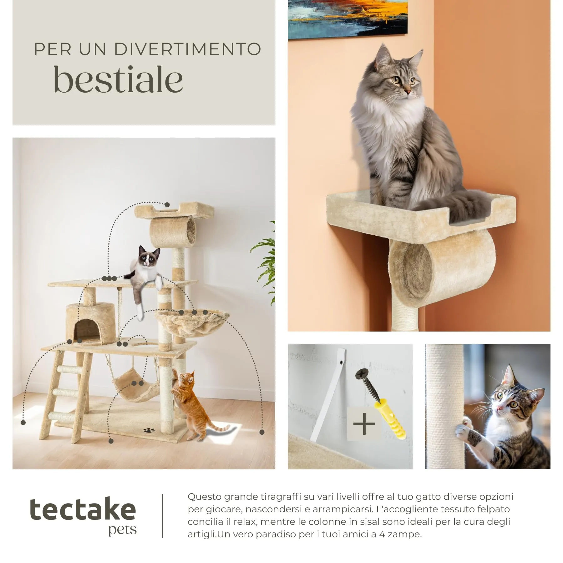 tectake Tiragraffi Multifunzionale per Gatti con Amaca, Piattaforme Elevate e Colonne in Sisal - Beige - immagine 7
