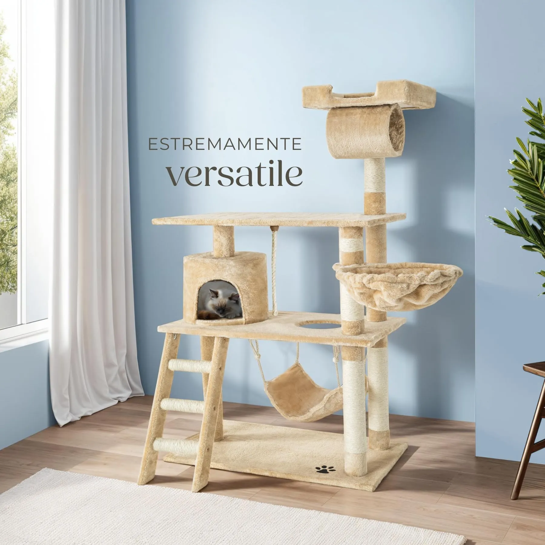 tectake Tiragraffi Multifunzionale per Gatti con Amaca, Piattaforme Elevate e Colonne in Sisal - Beige - immagine 8