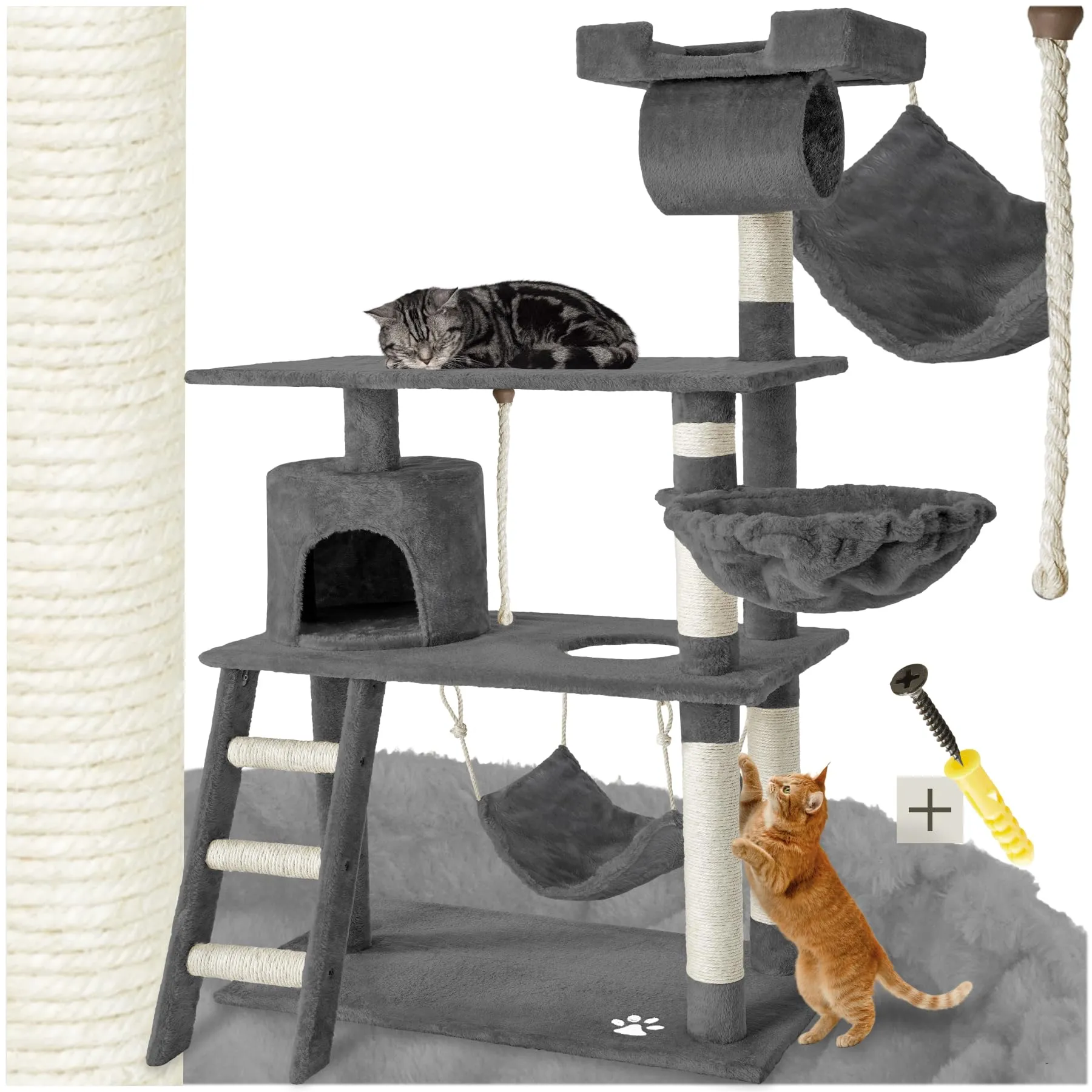 tectake Tiragraffi Multifunzionale per Gatti con Amaca, Piattaforme e Colonne in Sisal - Grigio - immagine 1