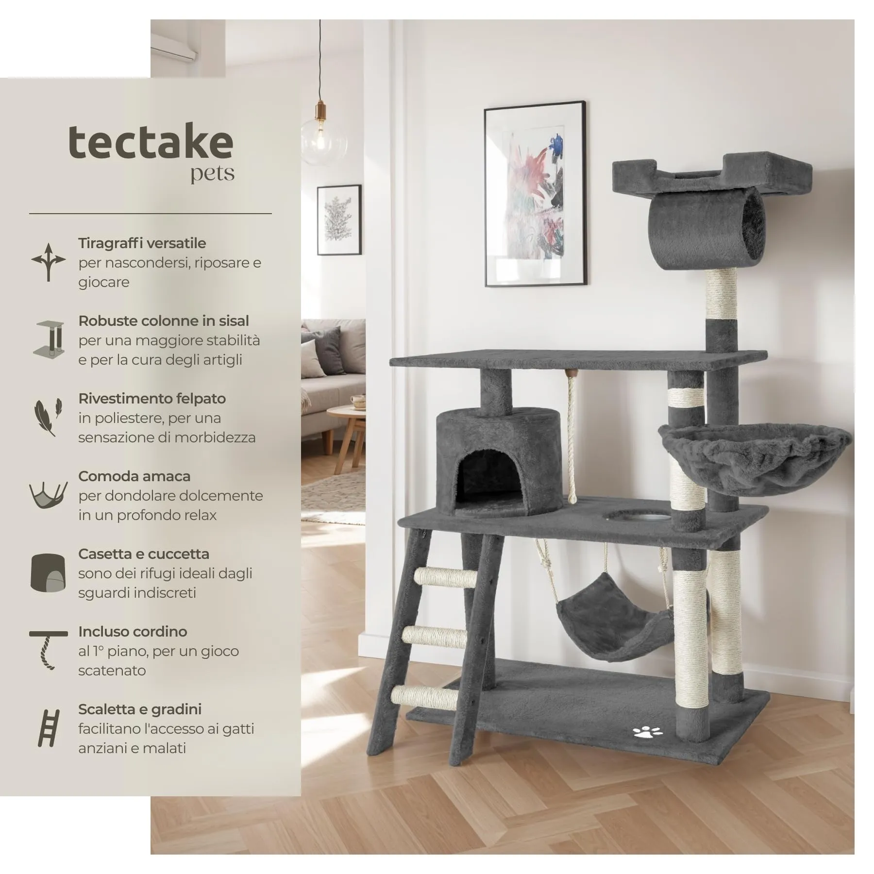 tectake Tiragraffi Multifunzionale per Gatti con Amaca, Piattaforme e Colonne in Sisal - Grigio - immagine 2