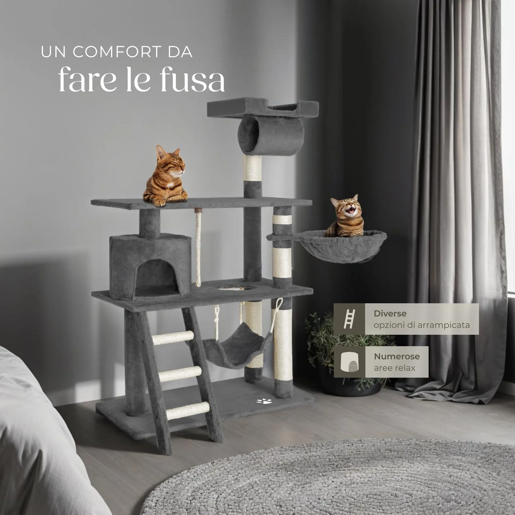 tectake Tiragraffi Multifunzionale per Gatti con Amaca, Piattaforme e Colonne in Sisal - Grigio - immagine 3