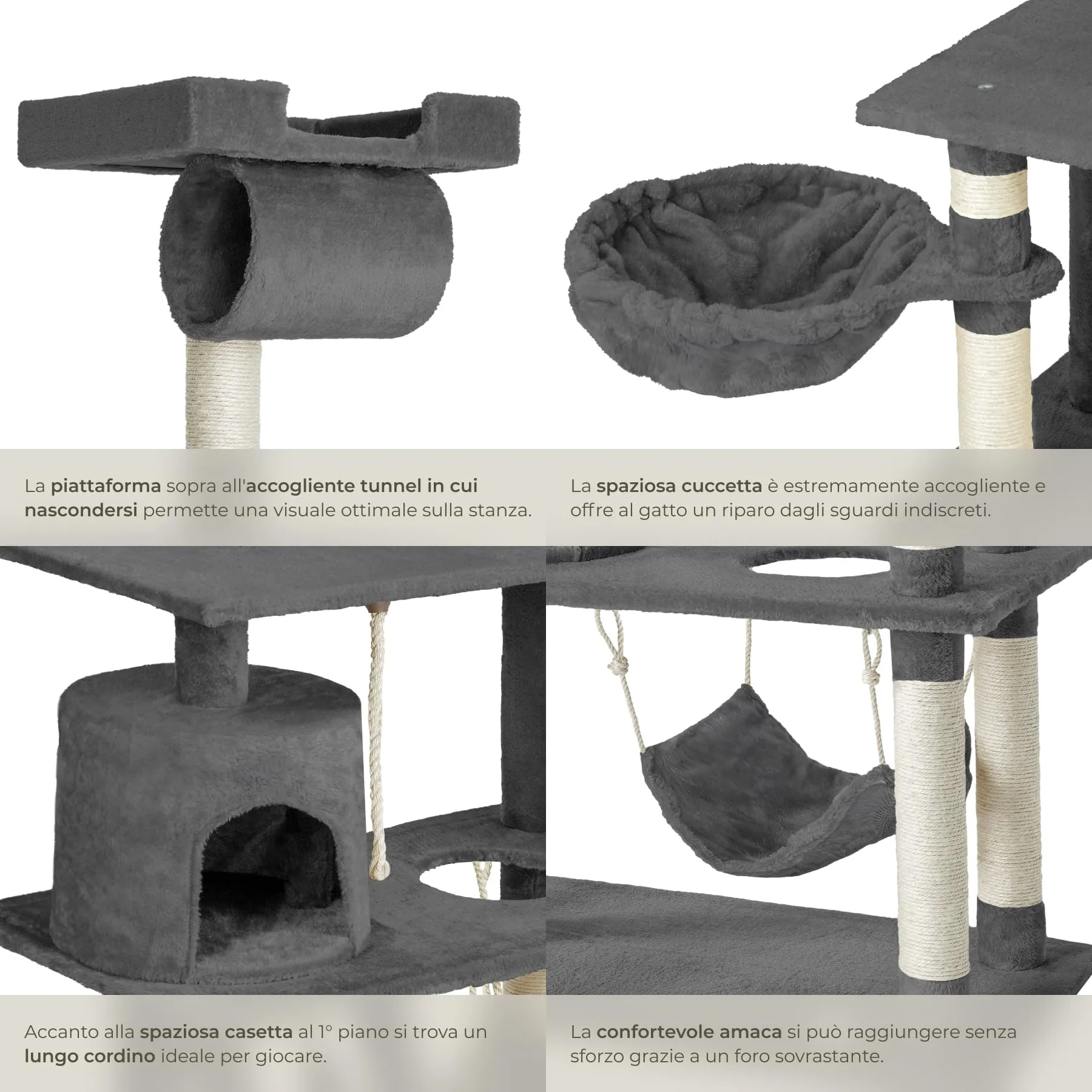 tectake Tiragraffi Multifunzionale per Gatti con Amaca, Piattaforme e Colonne in Sisal - Grigio - immagine 4