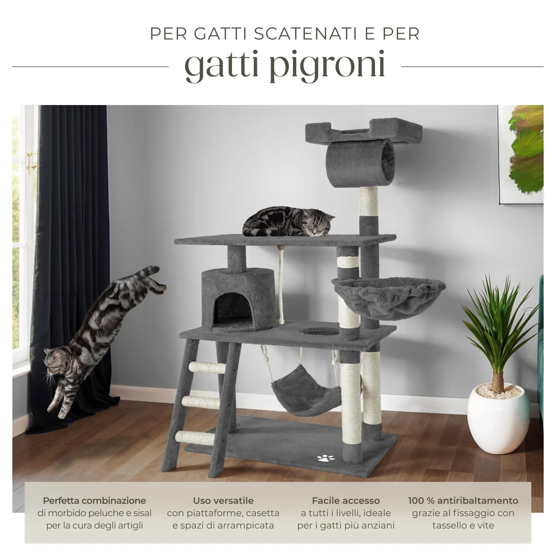 tectake Tiragraffi Multifunzionale per Gatti con Amaca, Piattaforme e Colonne in Sisal - Grigio - immagine 5