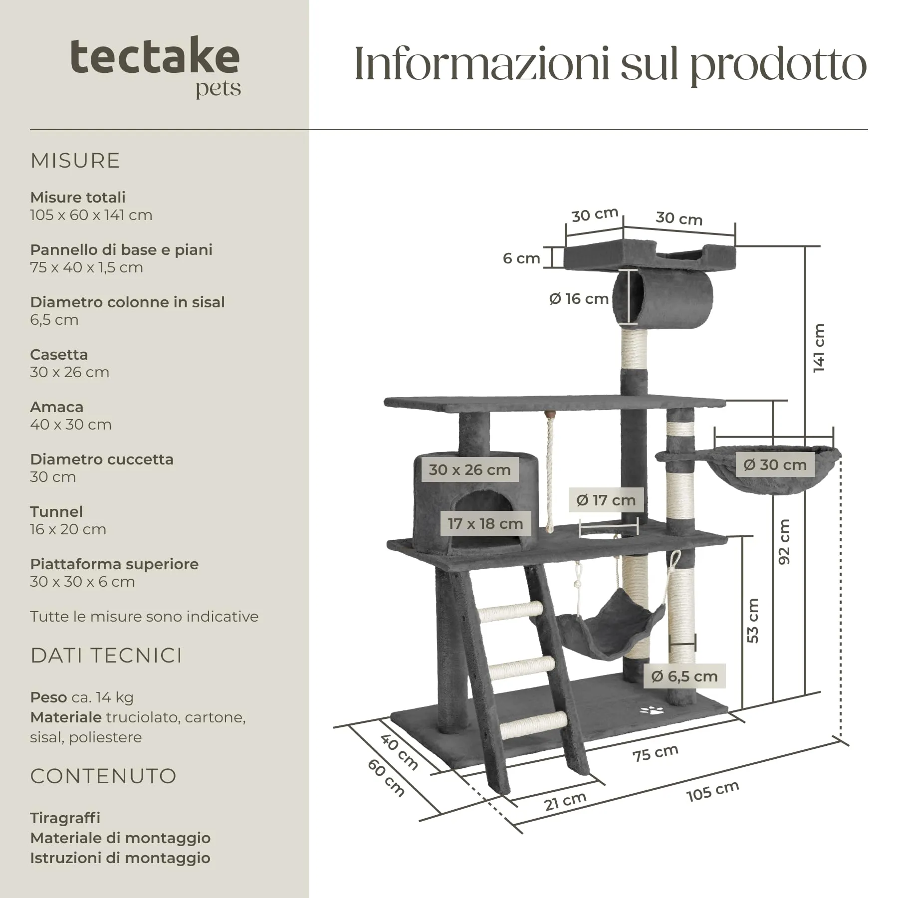 tectake Tiragraffi Multifunzionale per Gatti con Amaca, Piattaforme e Colonne in Sisal - Grigio - immagine 6