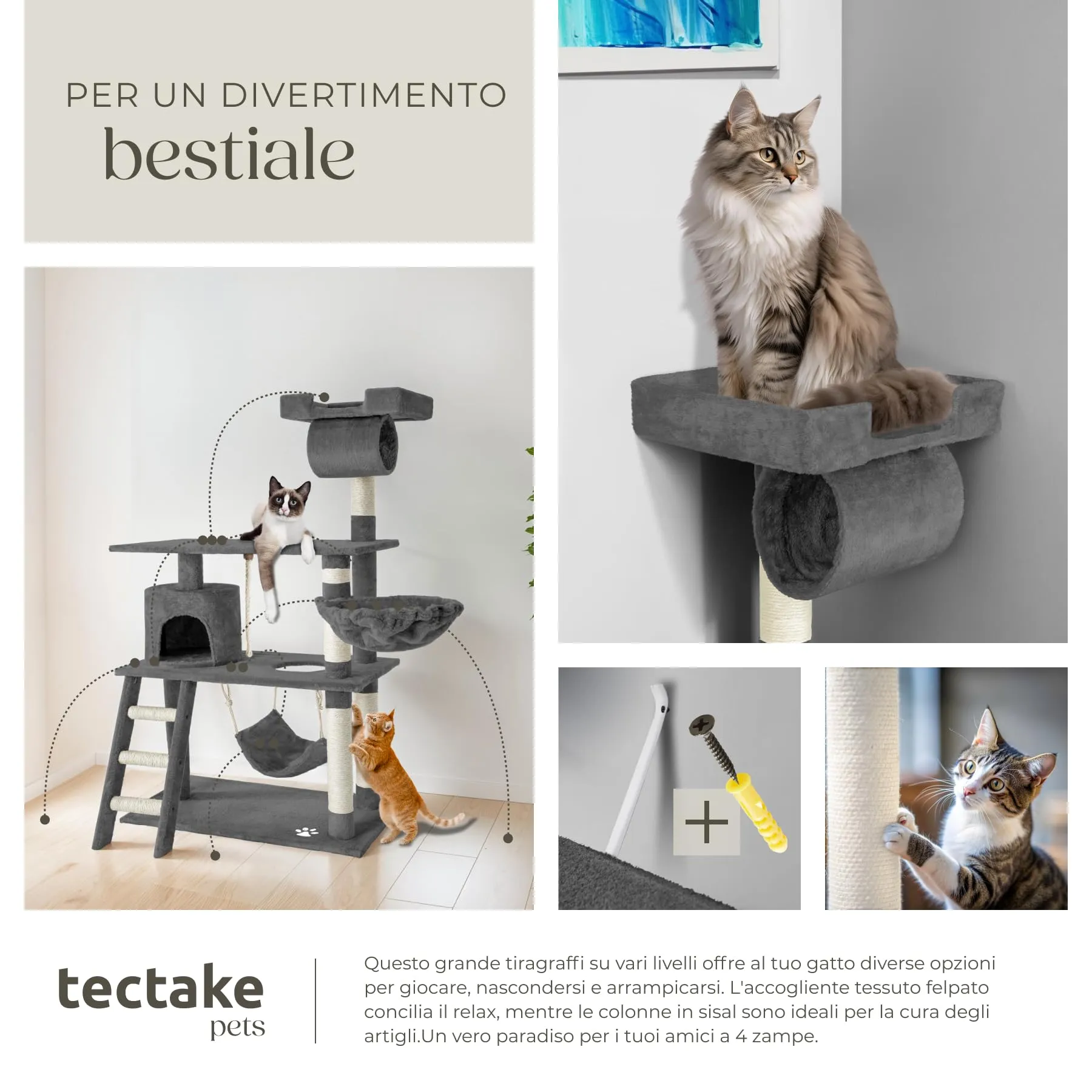 tectake Tiragraffi Multifunzionale per Gatti con Amaca, Piattaforme e Colonne in Sisal - Grigio - immagine 7