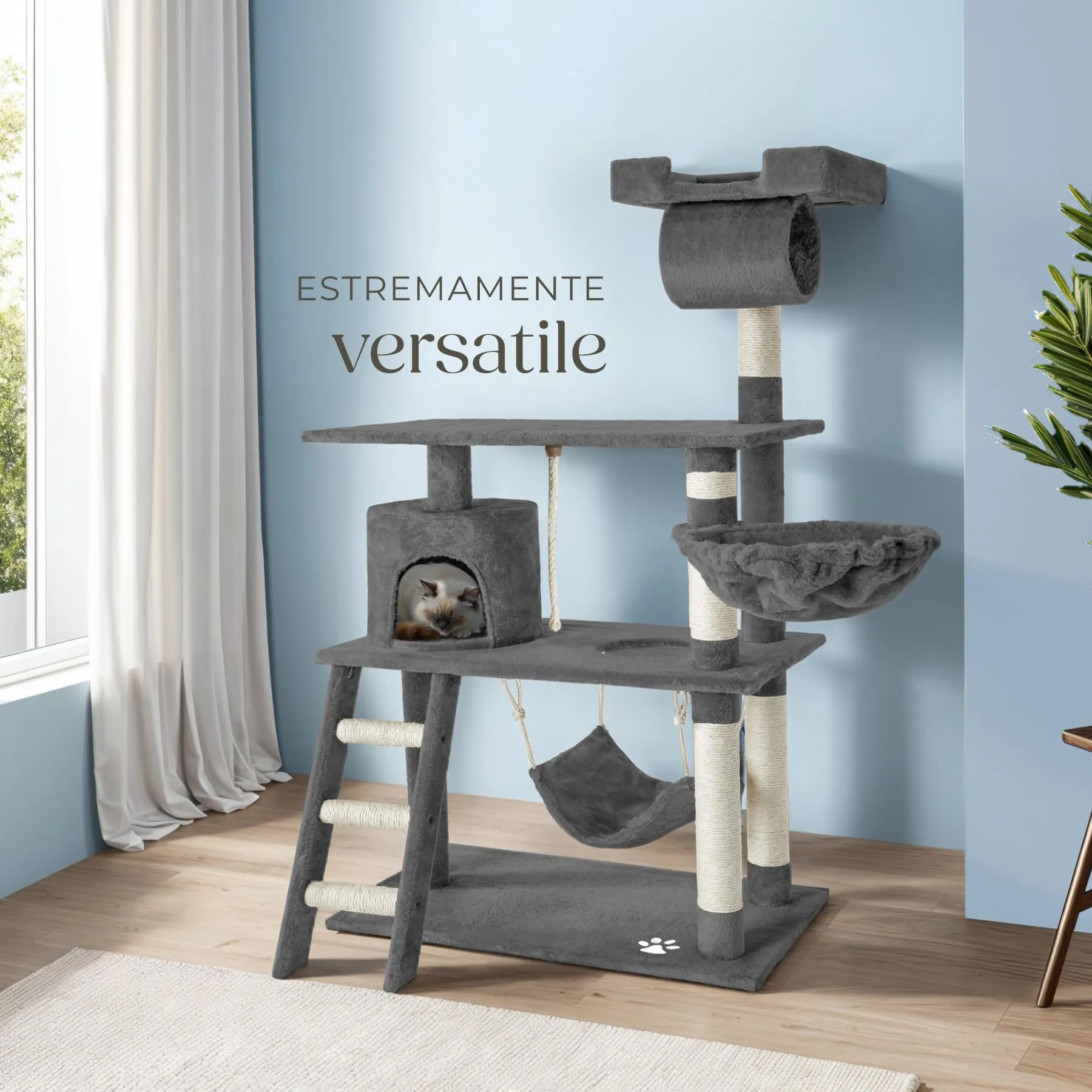 tectake Tiragraffi Multifunzionale per Gatti con Amaca, Piattaforme e Colonne in Sisal - Grigio - immagine 8