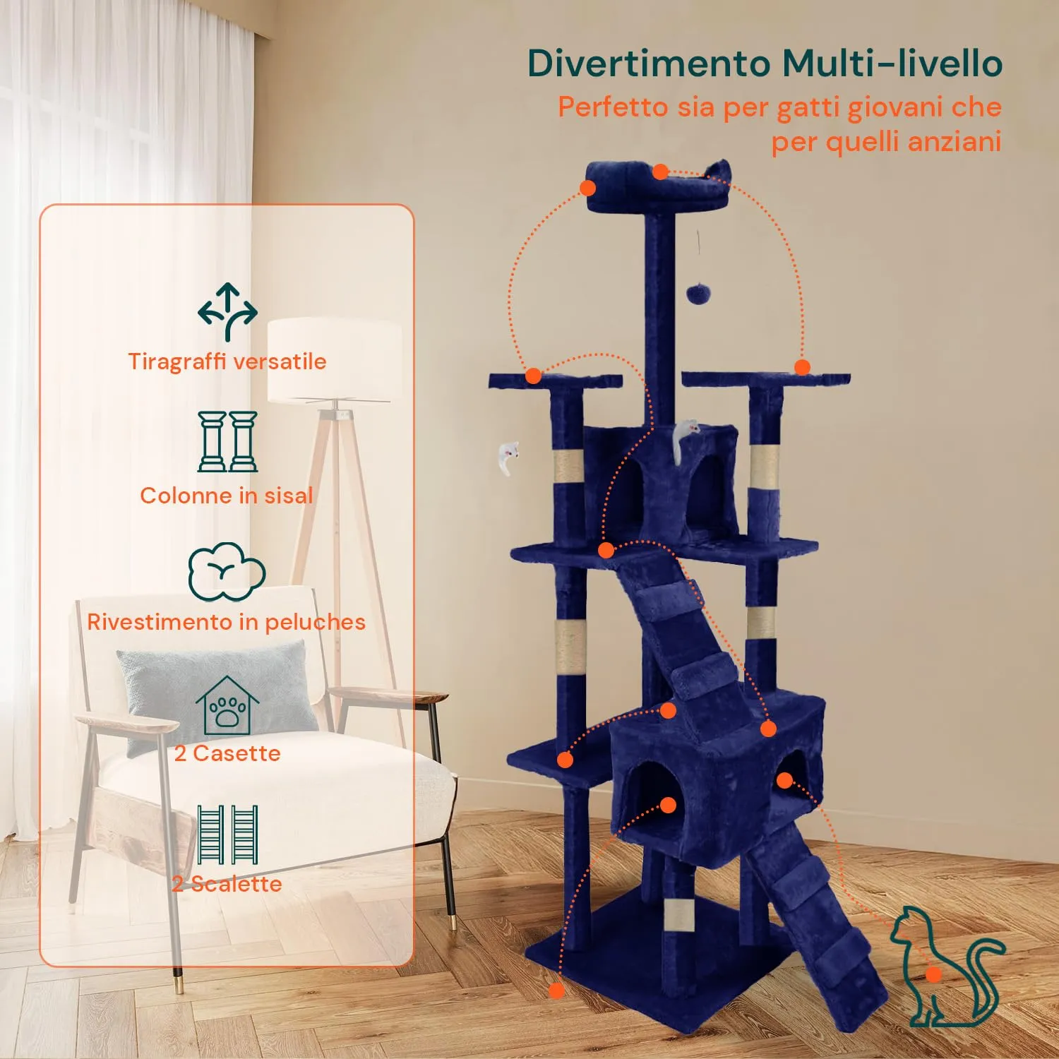 Wintem Tiragraffi con Cuccia per Gatti Adulti, Albero Palestra a Torre 170 cm, Blu - immagine 2