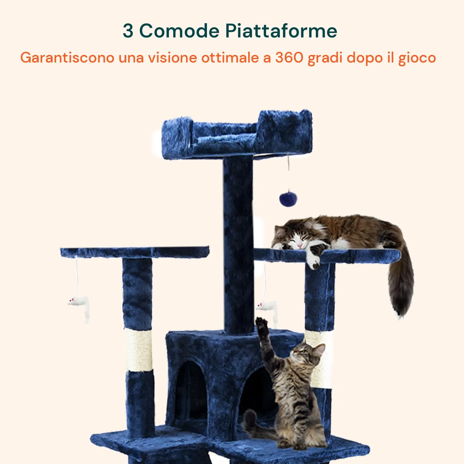 Wintem Tiragraffi con Cuccia per Gatti Adulti, Albero Palestra a Torre 170 cm, Blu - immagine 7