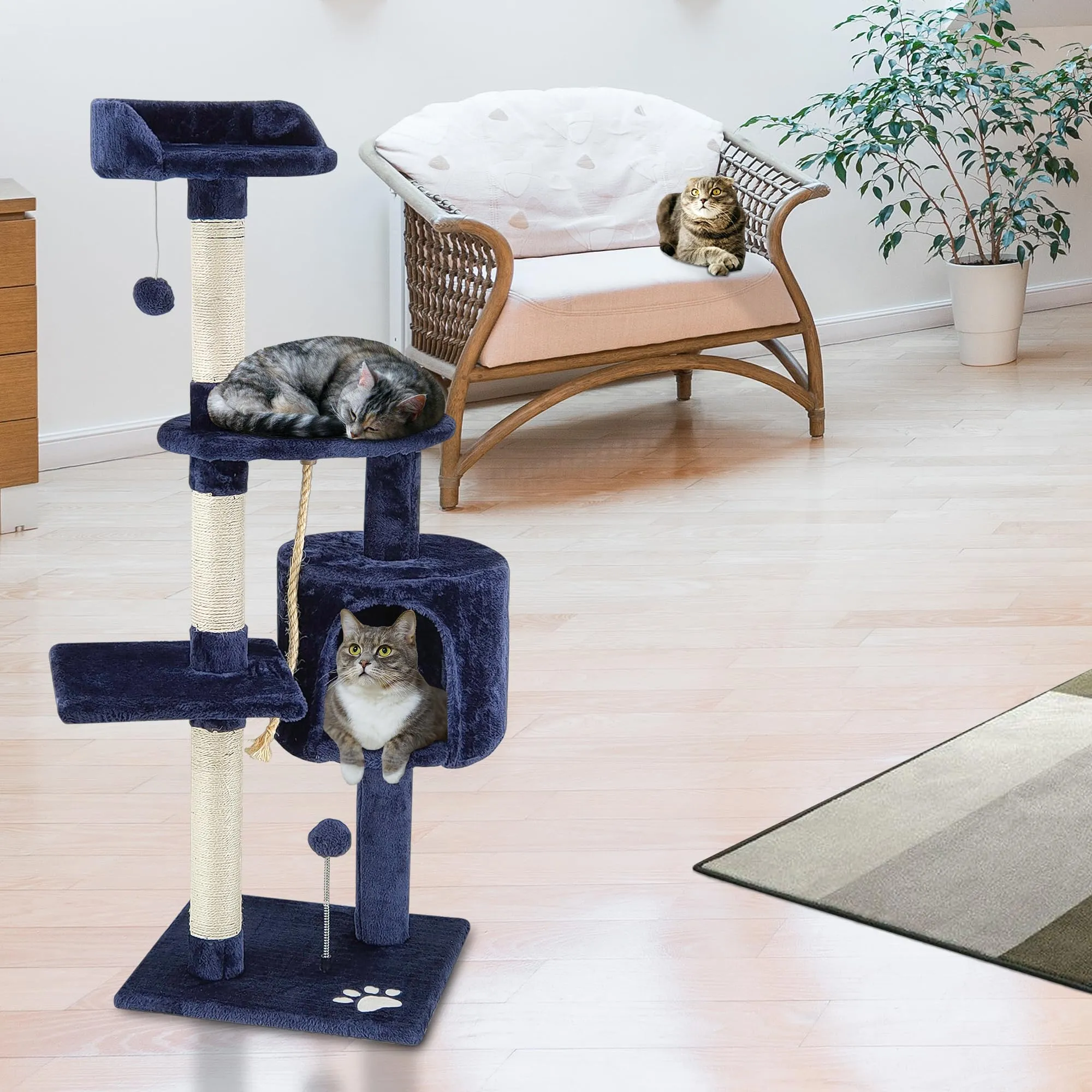 Beltom Tiragraffi per Gatto 112 cm, Parco Giochi con Sisal e Cuccia - Blu - immagine 2