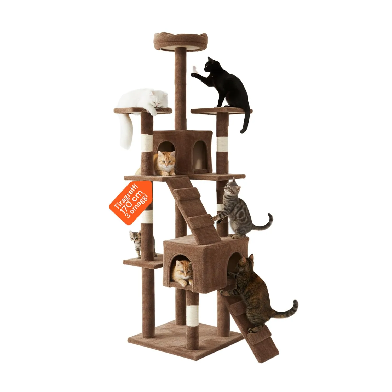 Wintem Tiragraffi XXL 170cm con Doppia Cuccia, Albero Giochi in Sisal e Peluche, Marrone - immagine 1