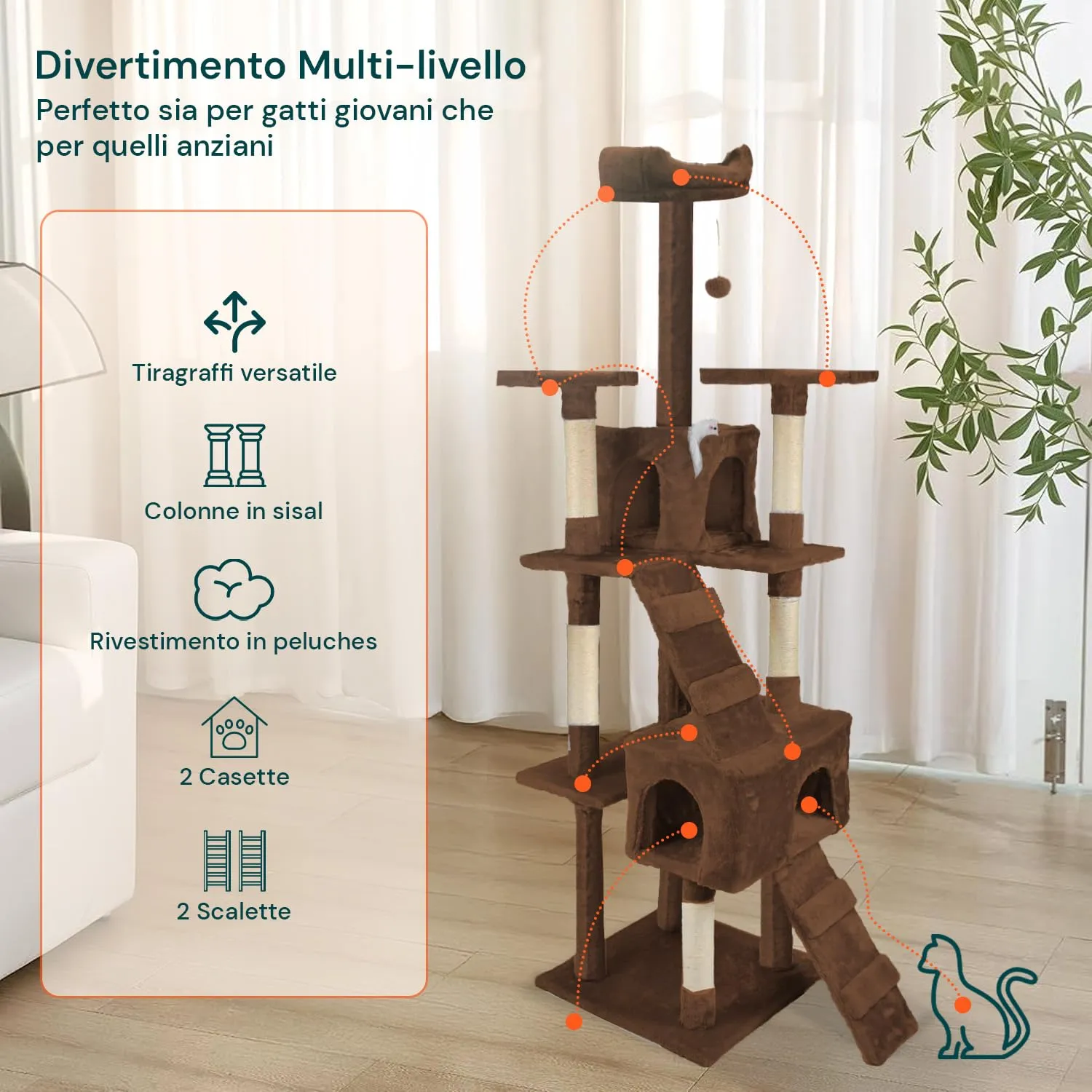 Wintem Tiragraffi XXL 170cm con Doppia Cuccia, Albero Giochi in Sisal e Peluche, Marrone - immagine 2