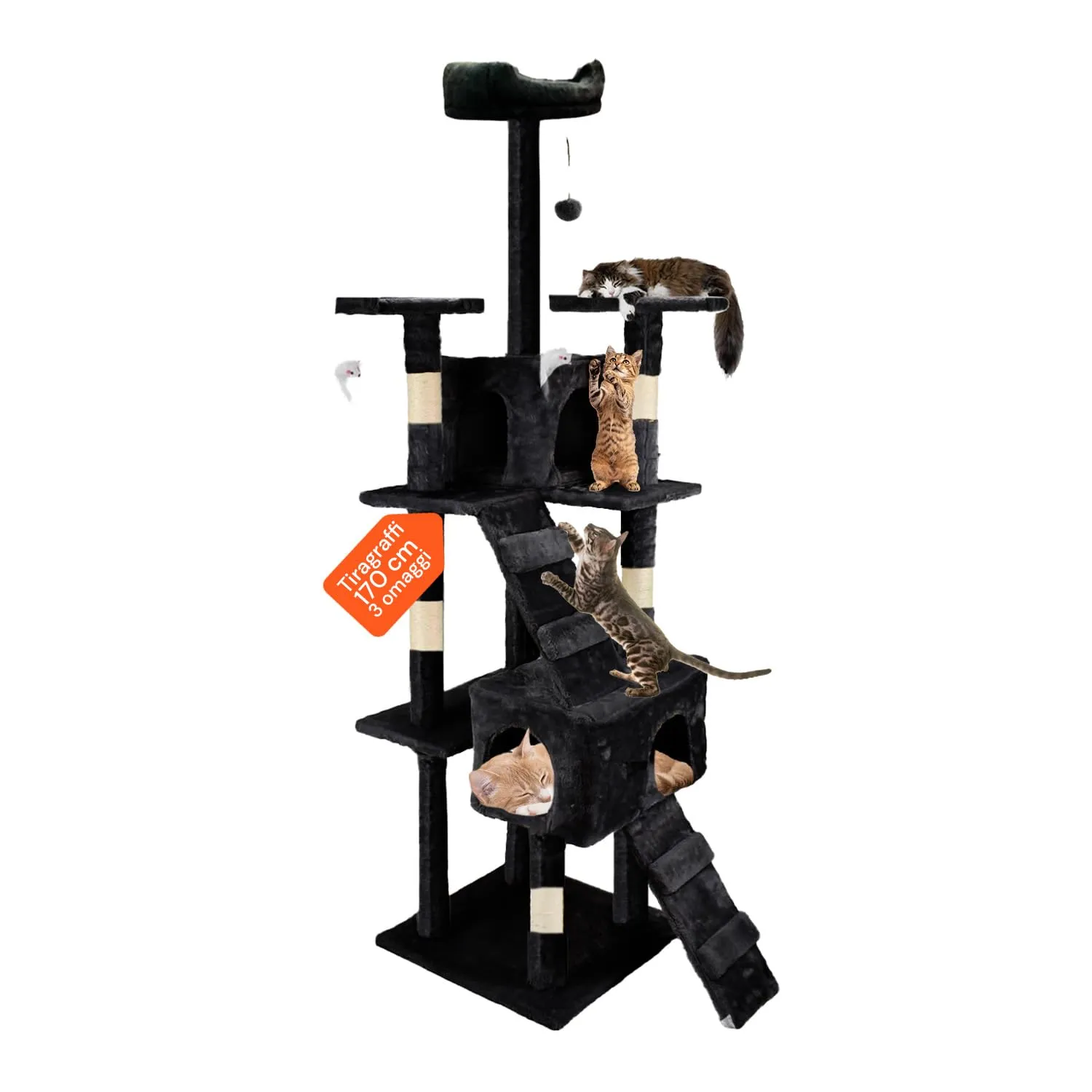 Wintem Tiragraffi XXL 170cm con Doppia Cuccia per Gatti, Albero Giochi in Sisal e Peluche, Nero - immagine 1