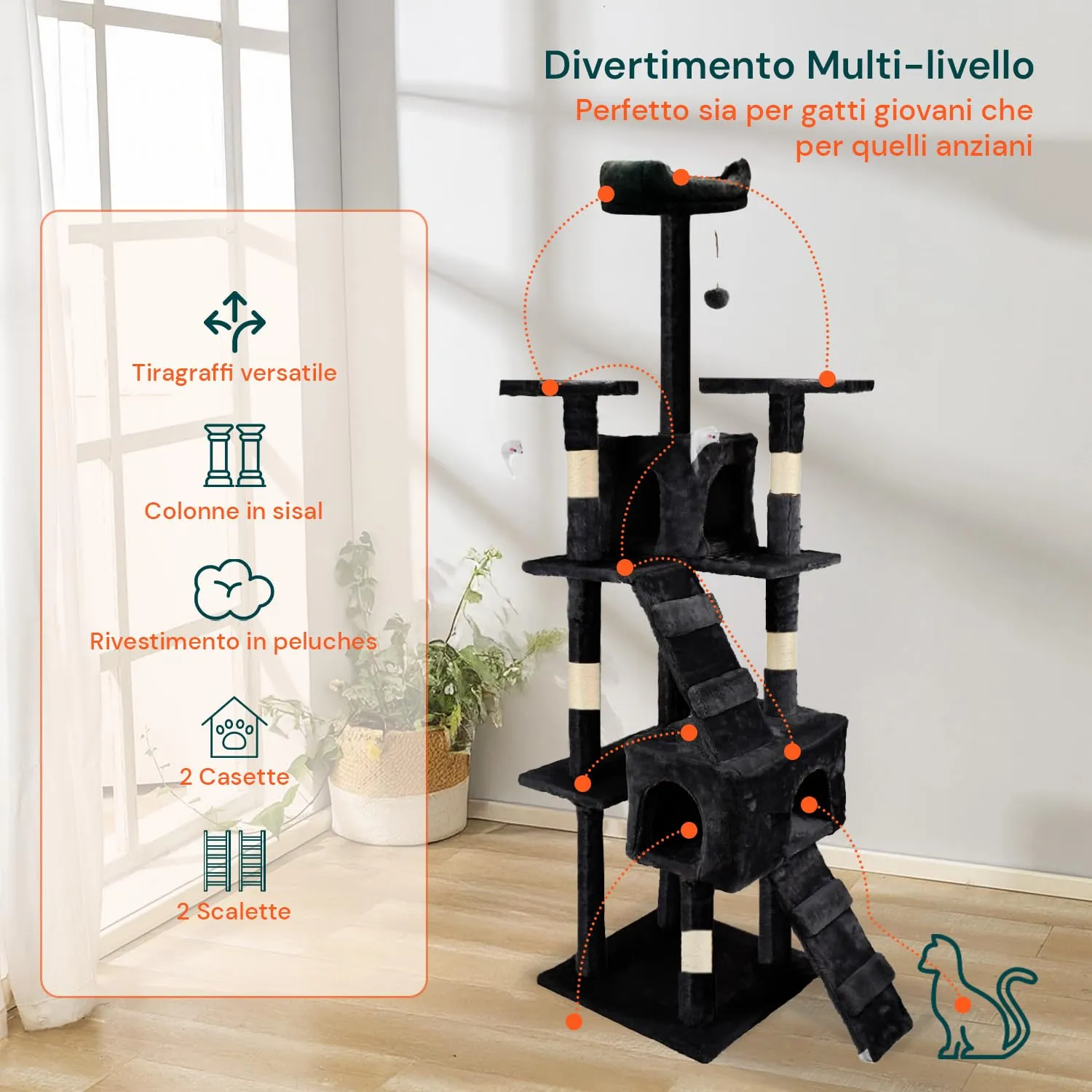 Wintem Tiragraffi XXL 170cm con Doppia Cuccia per Gatti, Albero Giochi in Sisal e Peluche, Nero - immagine 2