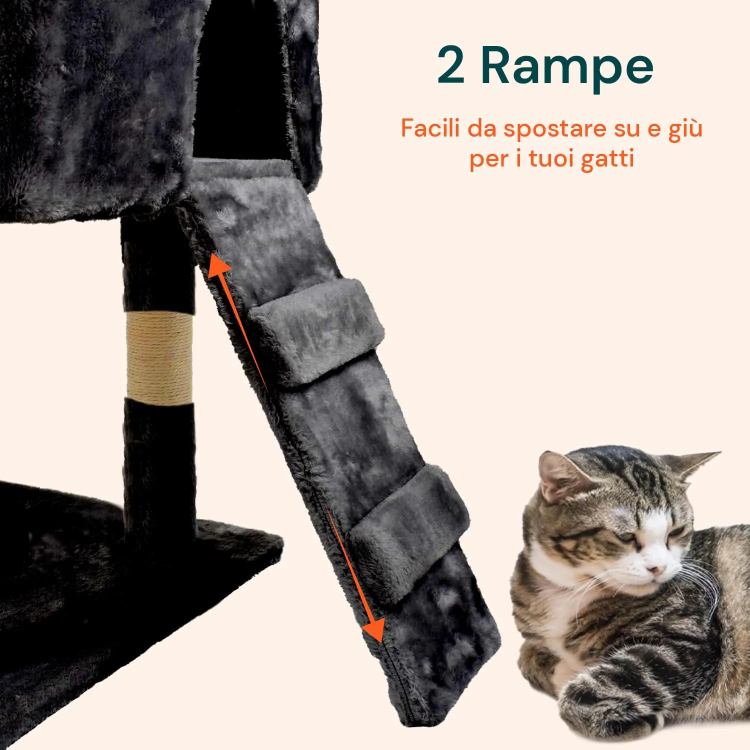Wintem Tiragraffi XXL 170cm con Doppia Cuccia per Gatti, Albero Giochi in Sisal e Peluche, Nero - immagine 3