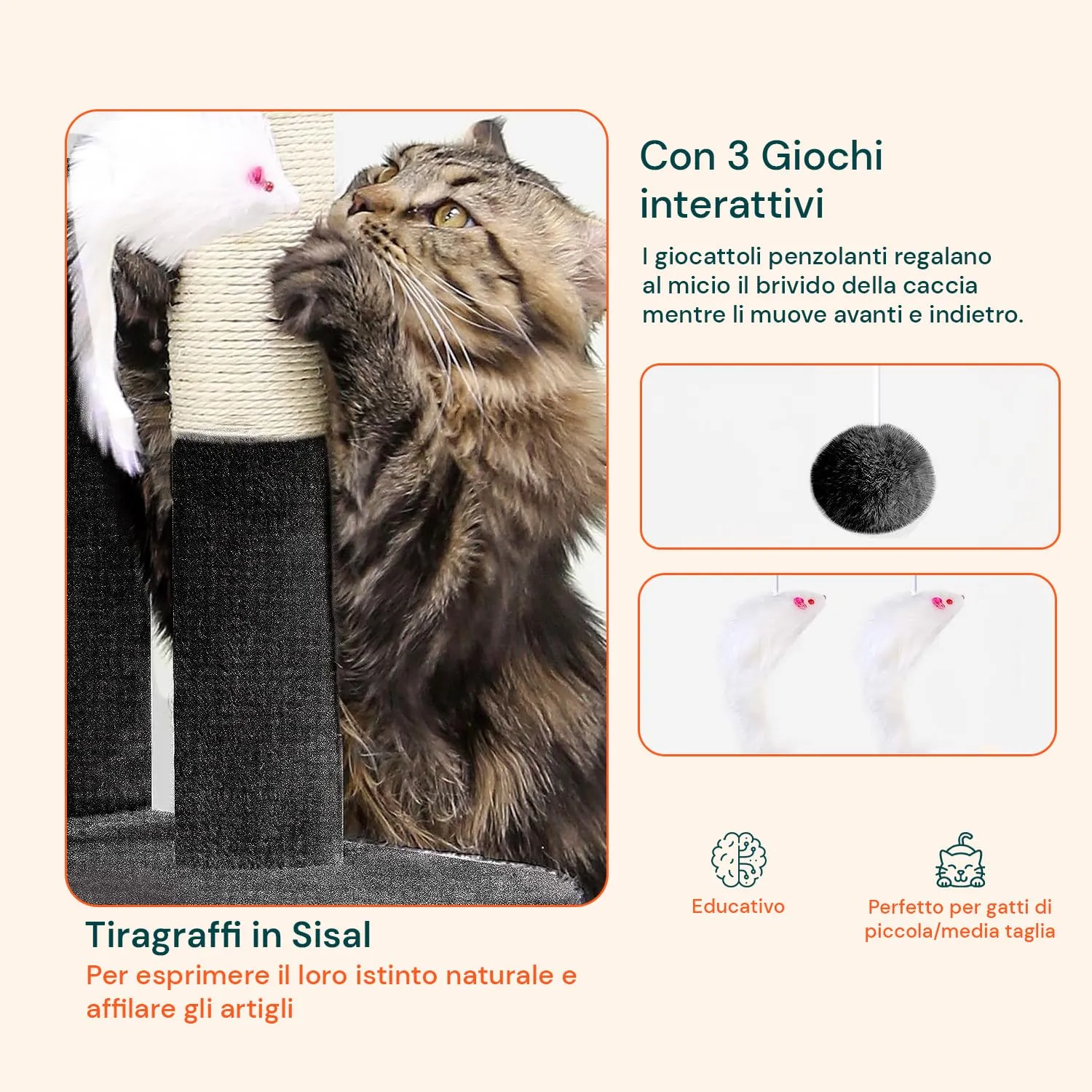 Wintem Tiragraffi XXL 170cm con Doppia Cuccia per Gatti, Albero Giochi in Sisal e Peluche, Nero - immagine 4