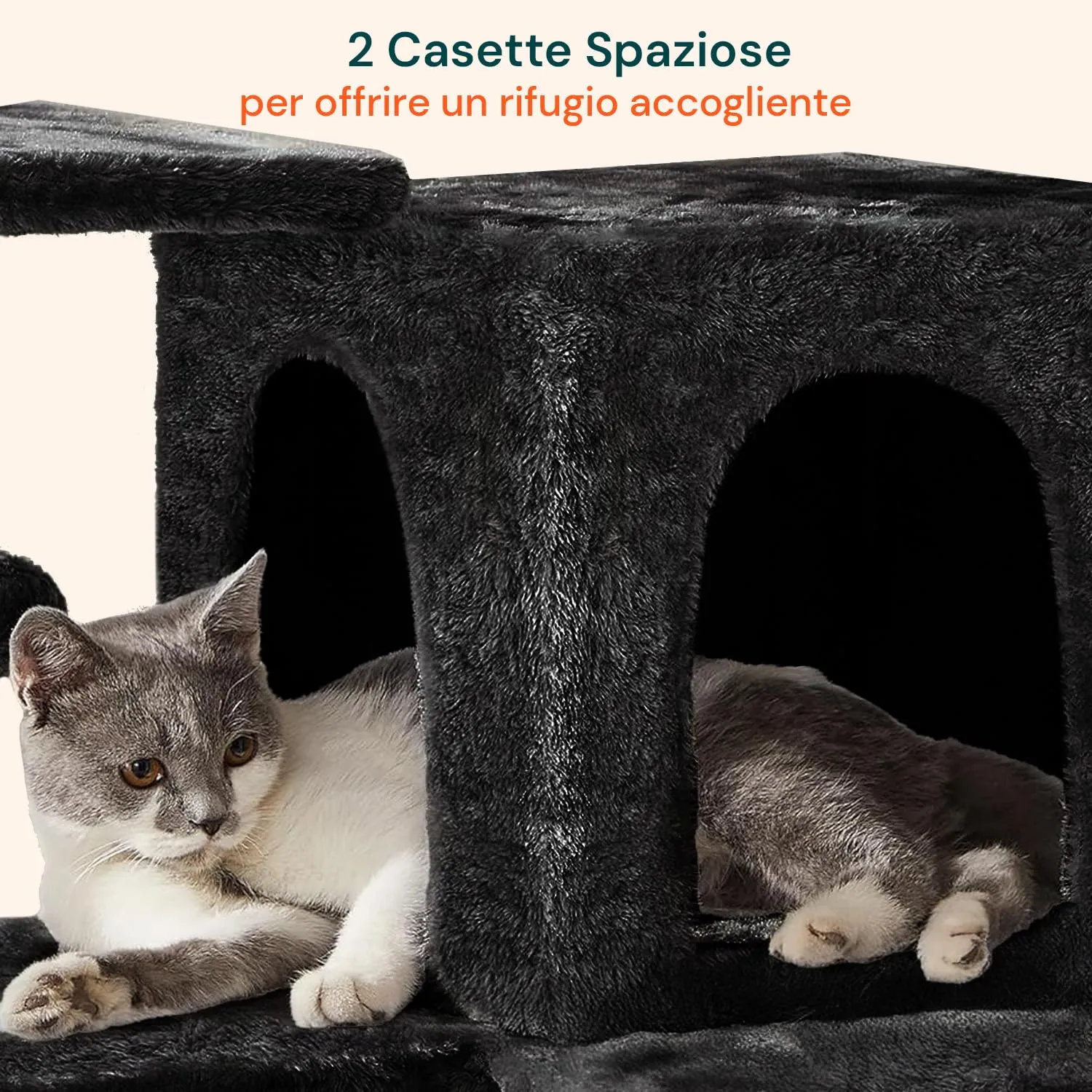 Wintem Tiragraffi XXL 170cm con Doppia Cuccia per Gatti, Albero Giochi in Sisal e Peluche, Nero - immagine 5