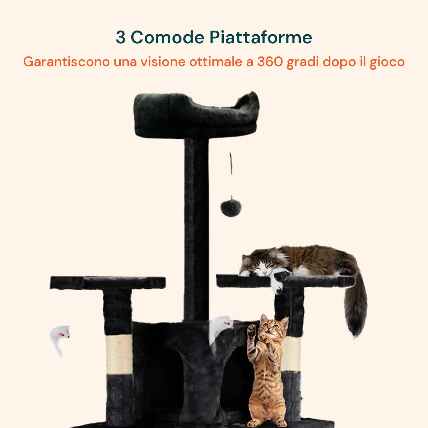 Wintem Tiragraffi XXL 170cm con Doppia Cuccia per Gatti, Albero Giochi in Sisal e Peluche, Nero - immagine 7