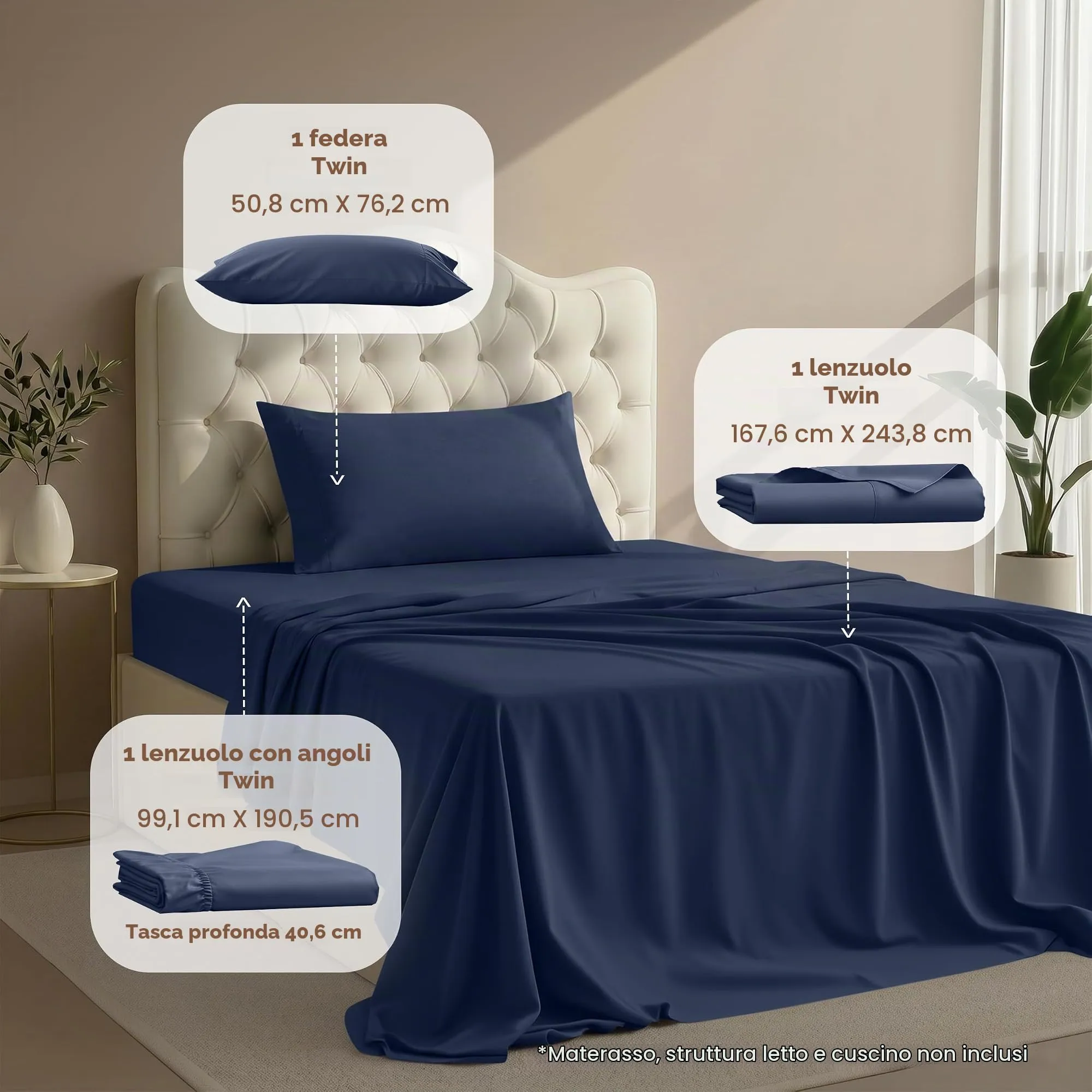 Utopia Bedding Set di lenzuola in microfibra spazzolata, Blu Navy, USA Twin - immagine 2