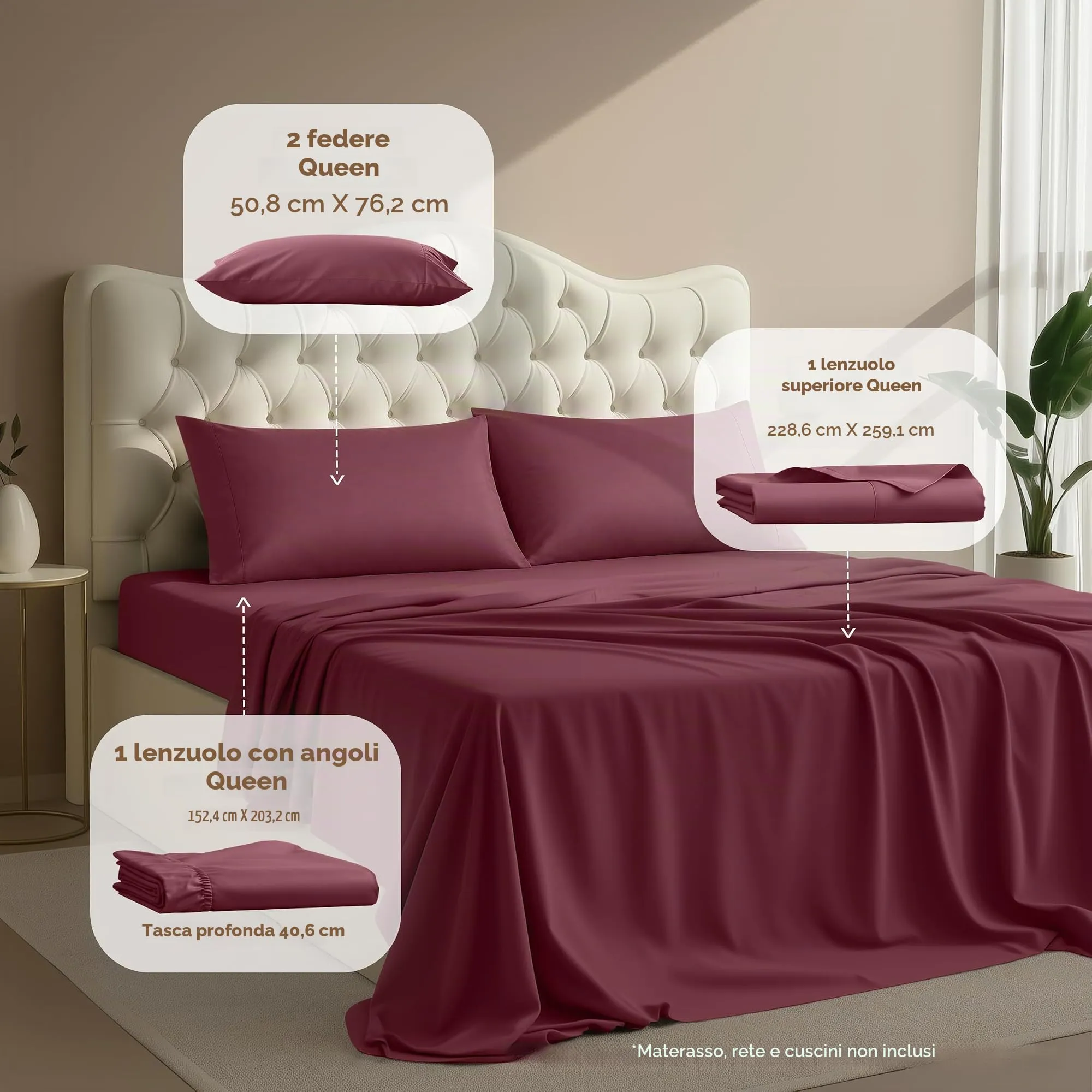 Utopia Bedding Set di lenzuola per letto Queen Size, 4 pezzi, Microfibra, Oeko-Tex, Bordeaux - immagine 2