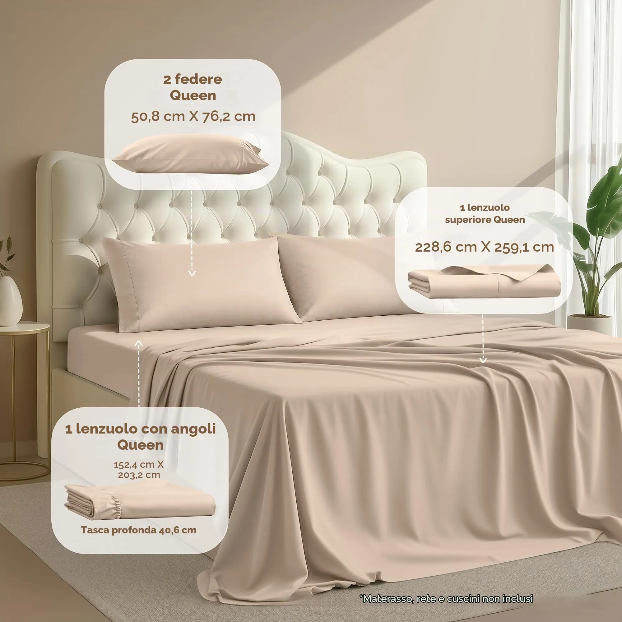 Utopia Bedding Set di lenzuola in microfibra 4 pezzi, Beige, Matrimoniale - immagine 3