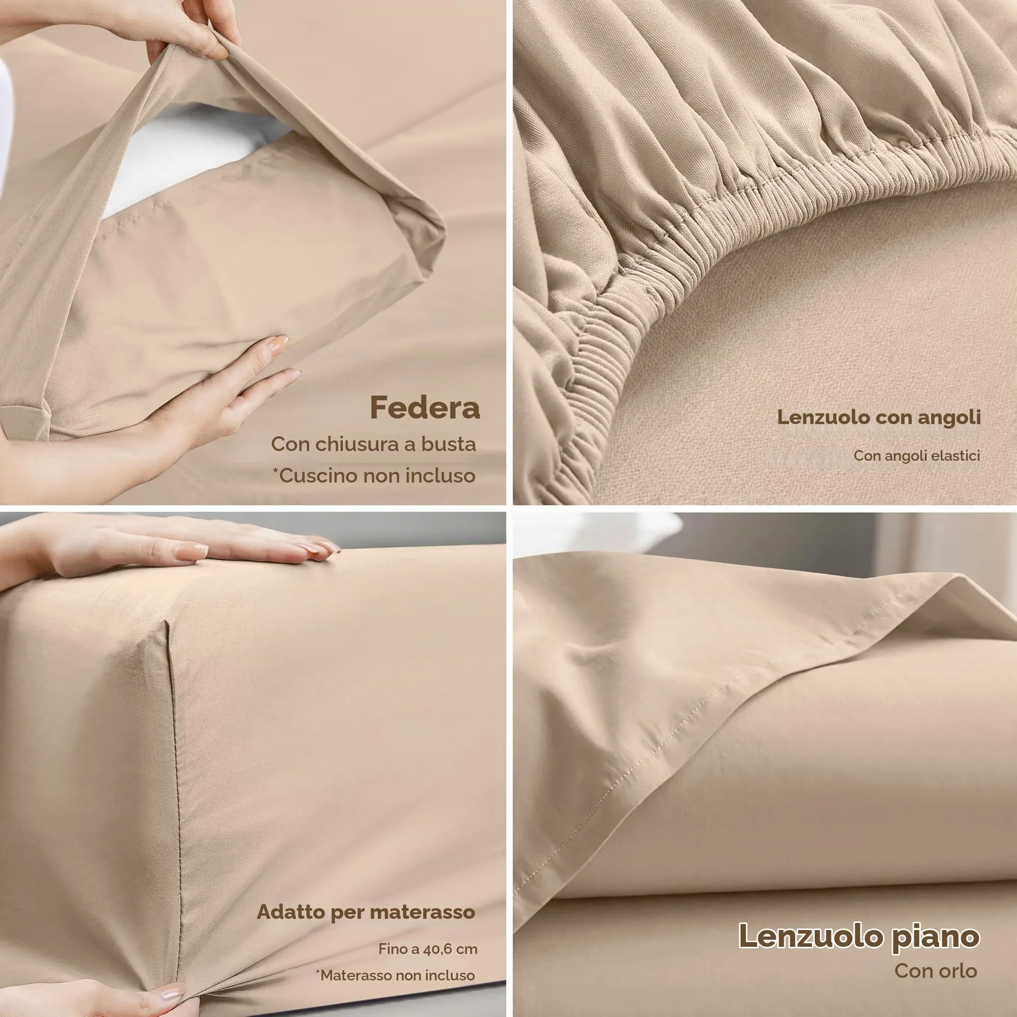 Utopia Bedding Set di lenzuola in microfibra 4 pezzi, Beige, Matrimoniale - immagine 4