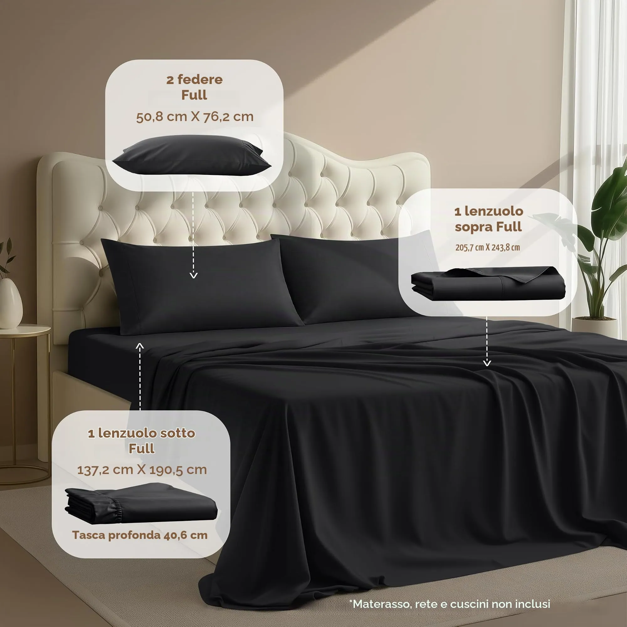 Utopia Bedding Set di lenzuola in microfibra, 4 pezzi, Nero, USA Full - immagine 2