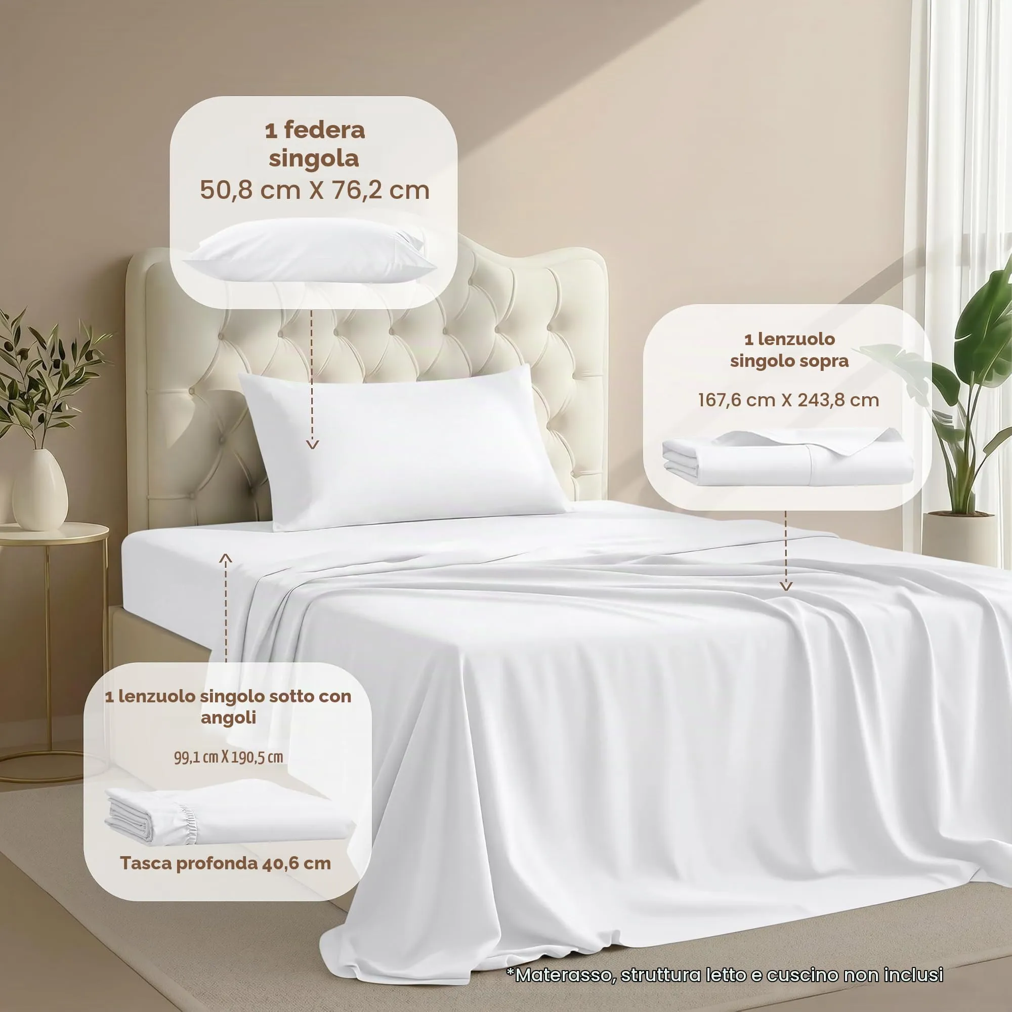 Utopia Bedding Set di lenzuola per letto singolo, 3 pezzi, microfibra, Bianco - immagine 2