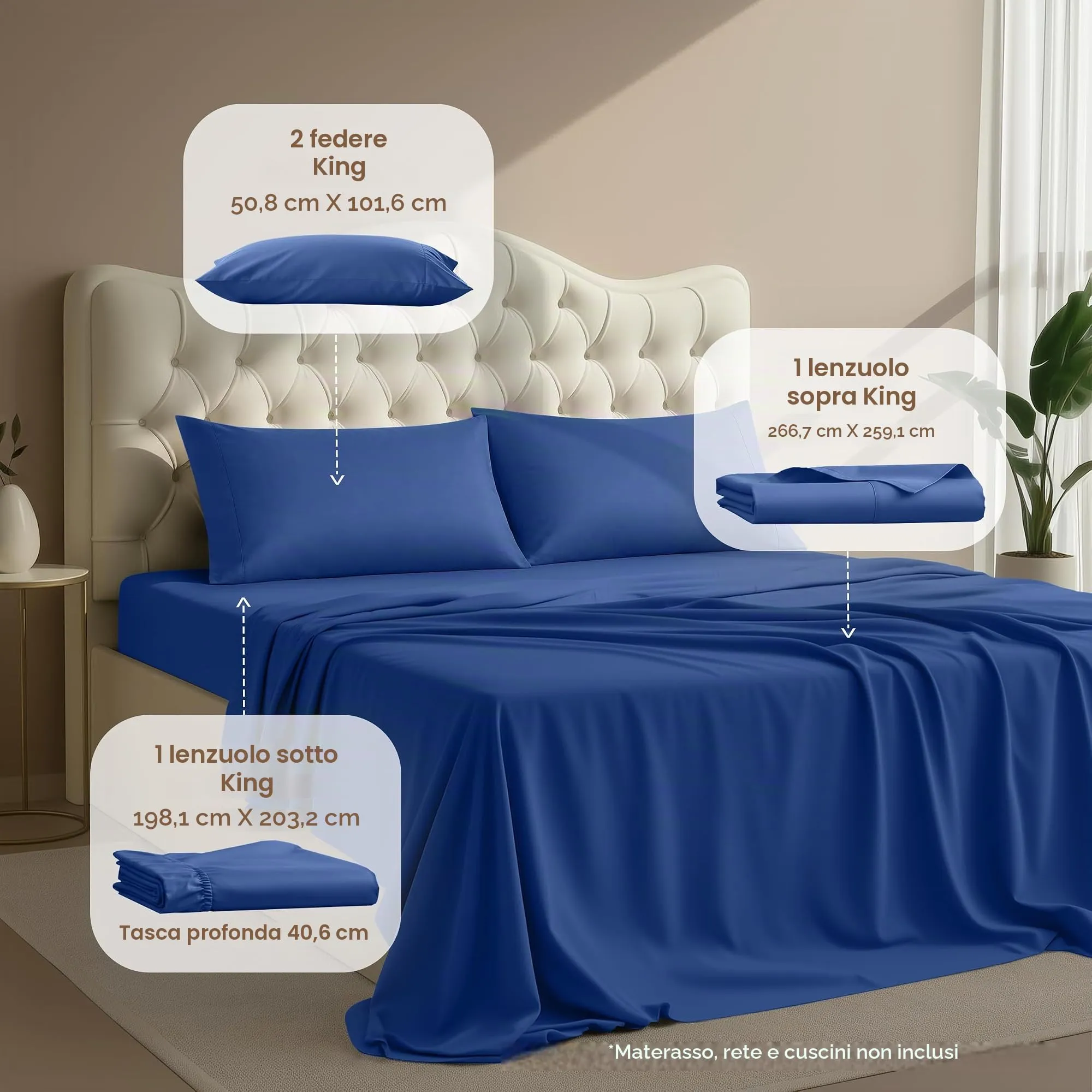 Utopia Bedding Set di lenzuola in microfibra, 4 pezzi, King size, Blu Reale - immagine 2