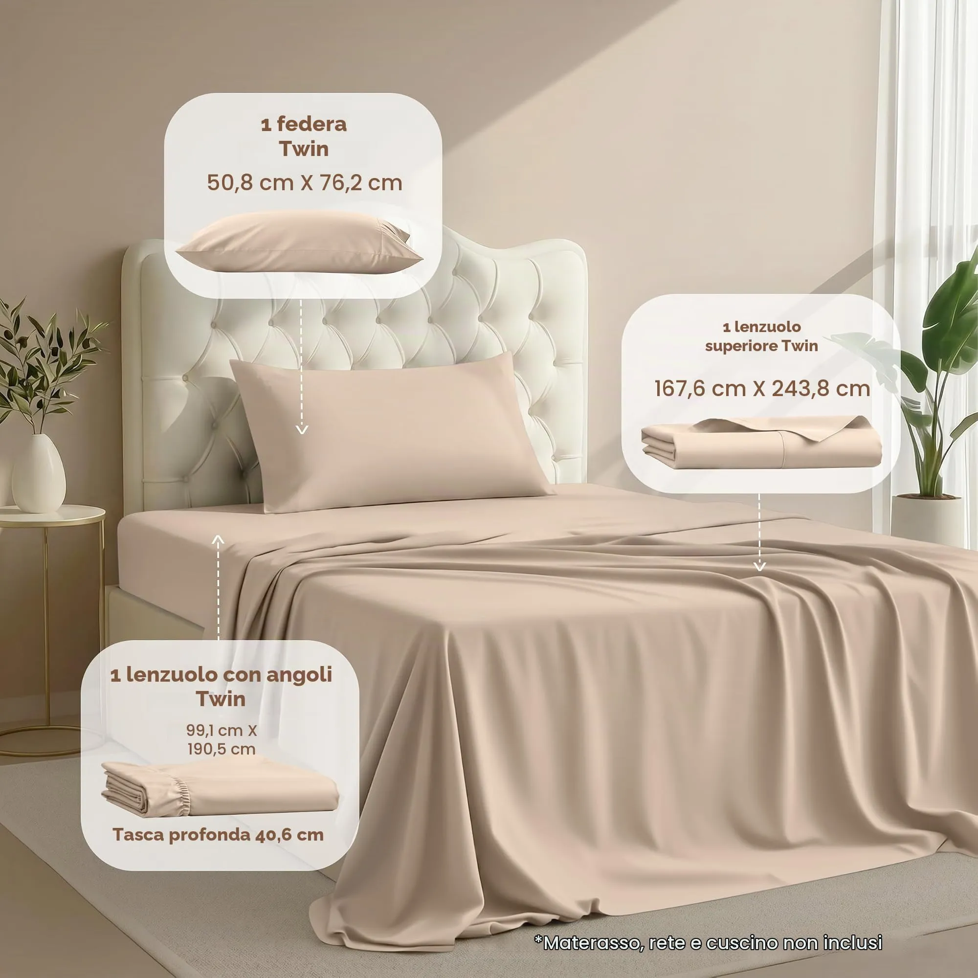 Utopia Bedding Set di lenzuola in microfibra, 3 pezzi, Beige, Letto Matrimoniale - immagine 2