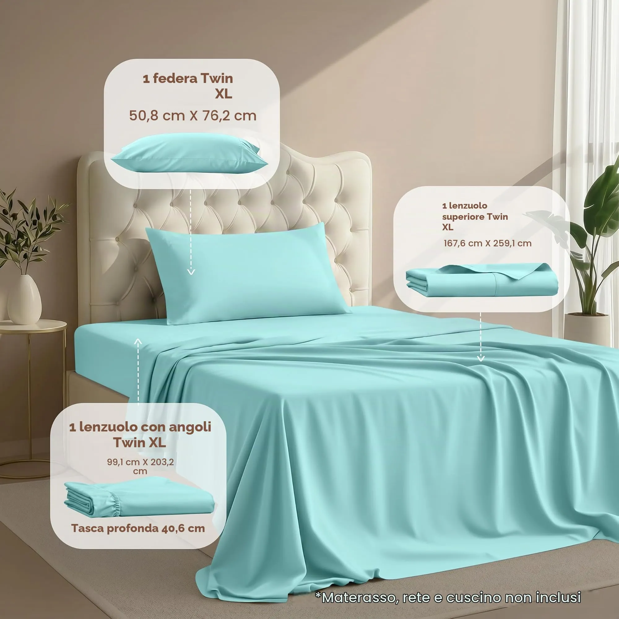 Utopia Bedding Set di lenzuola in microfibra per letto singolo XL, 3 pezzi, Blu Spa - immagine 2