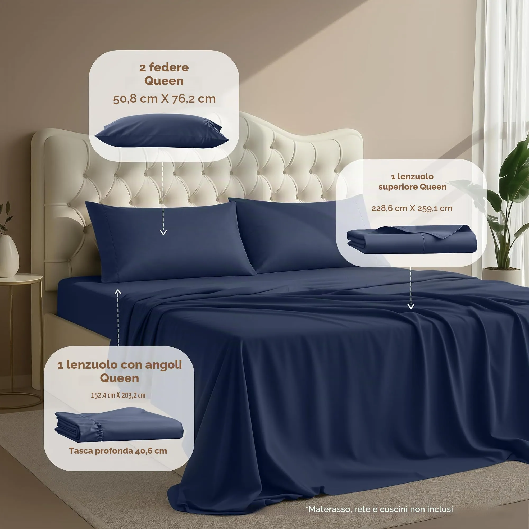 Utopia Bedding Set di lenzuola in microfibra 4 pezzi, Blu Navy, Matrimoniale - immagine 2