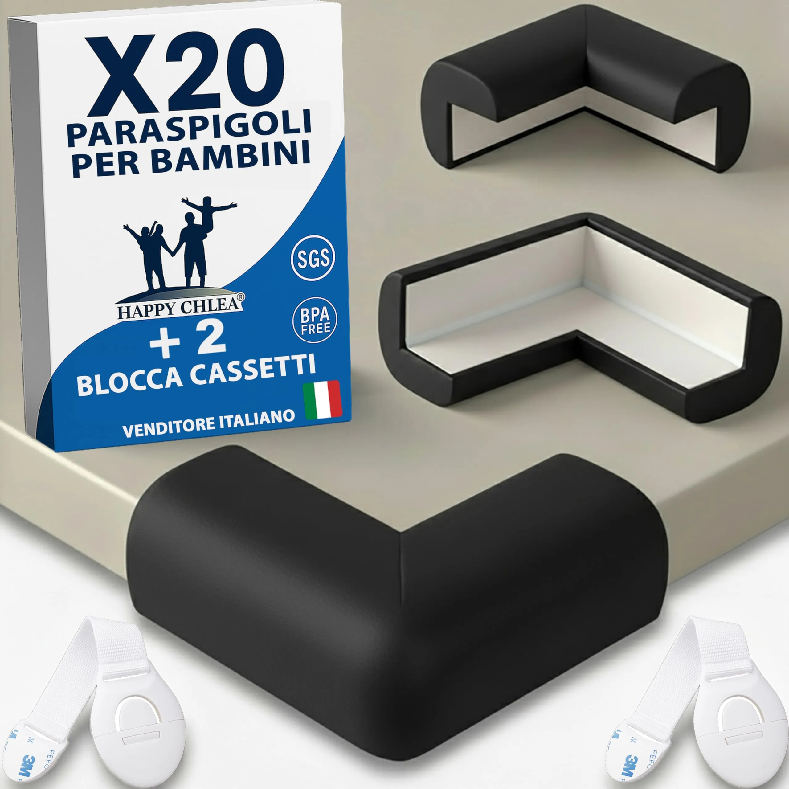 Happy Chlea Paraspigoli Angolari in Gomma con Tecnologia Schiuma Attiva, 20 Paraspigoli e 2 Blocca Cassetti per Bambini, Nero - immagine 1