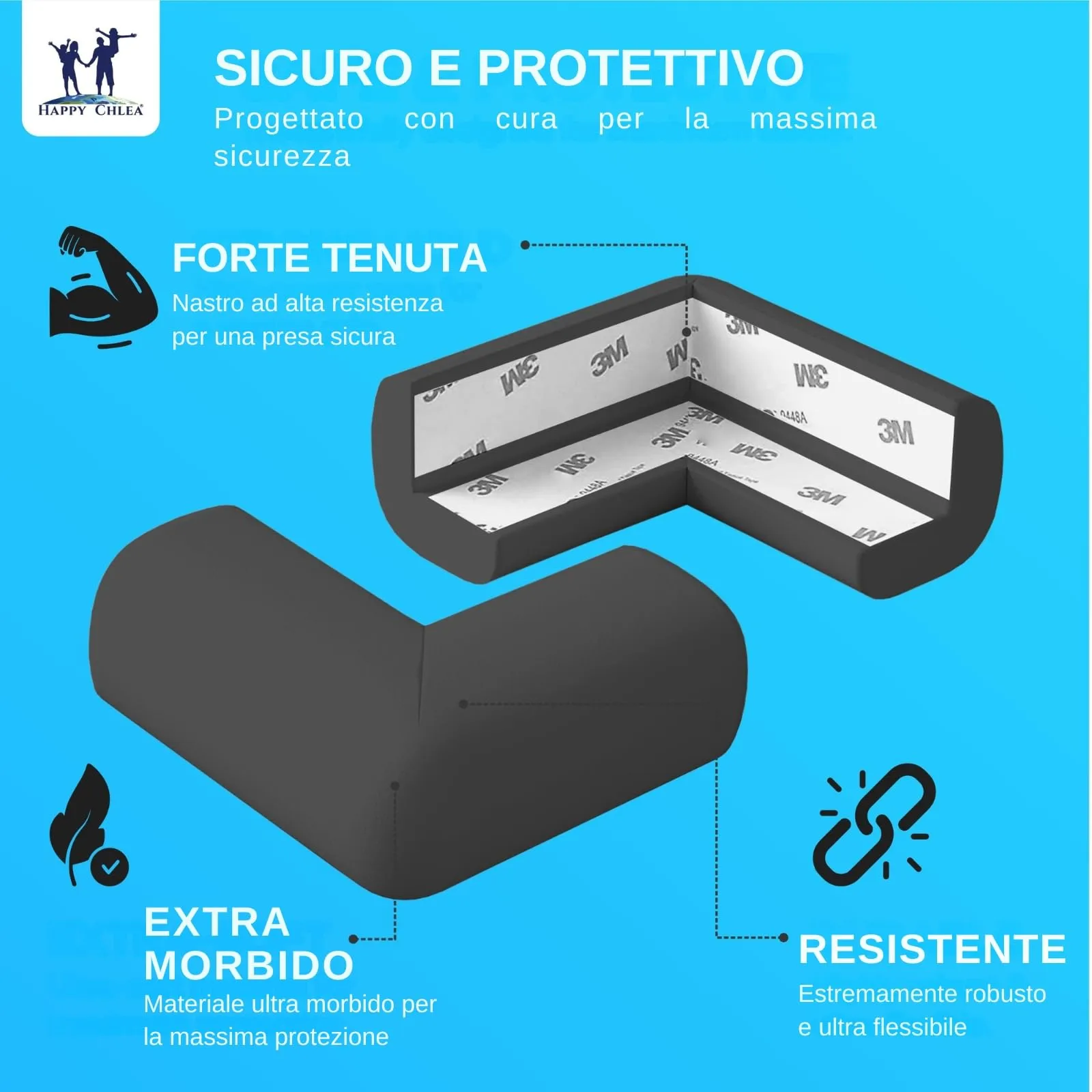 Happy Chlea Paraspigoli Angolari in Gomma con Tecnologia Schiuma Attiva, 20 Paraspigoli e 2 Blocca Cassetti per Bambini, Nero - immagine 3