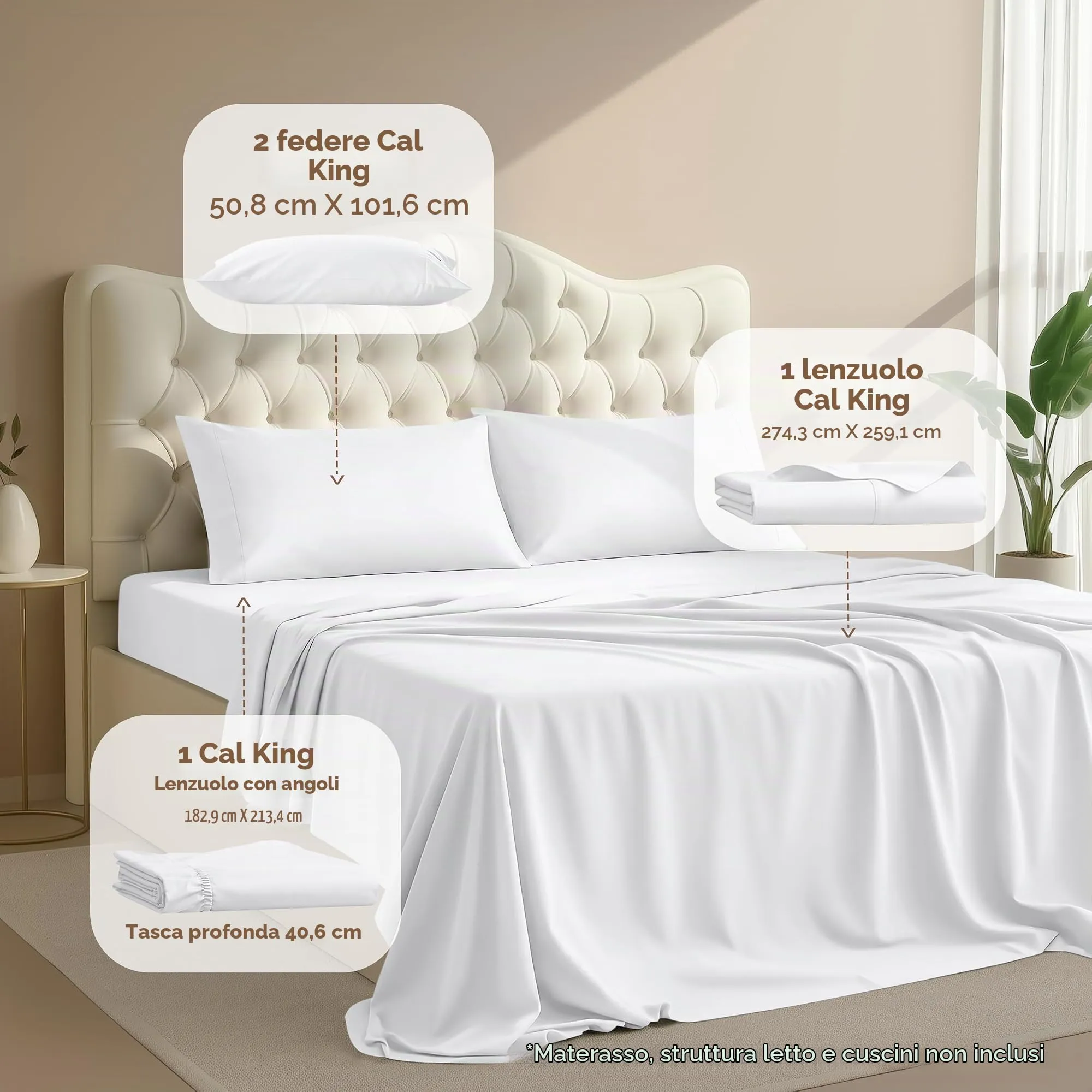 Utopia Bedding Set di lenzuola in microfibra spazzolata, California King, 4 pezzi, Bianco - immagine 2