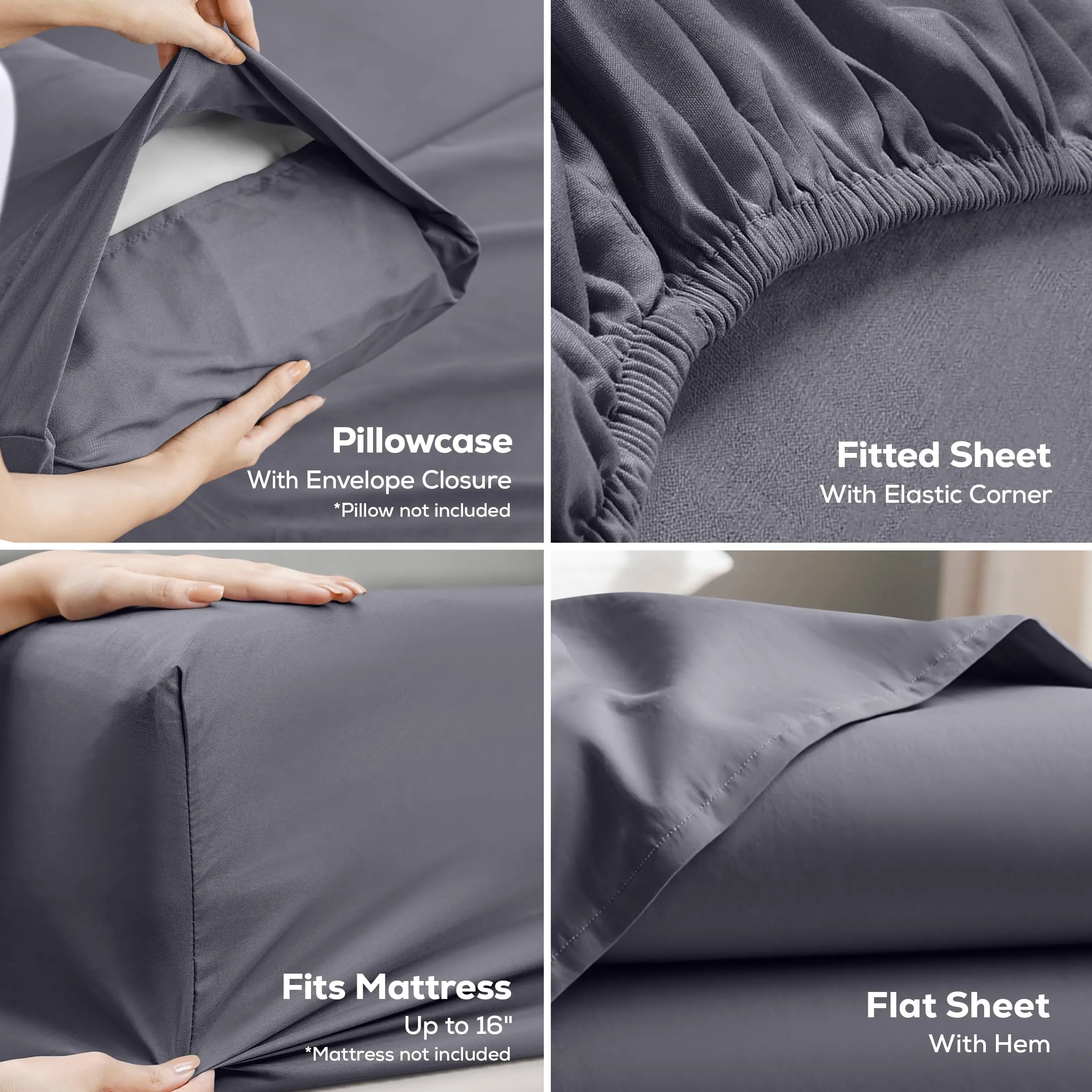 Utopia Bedding Set di lenzuola in microfibra spazzolata 4 pezzi, King Size, Grigio - immagine 3