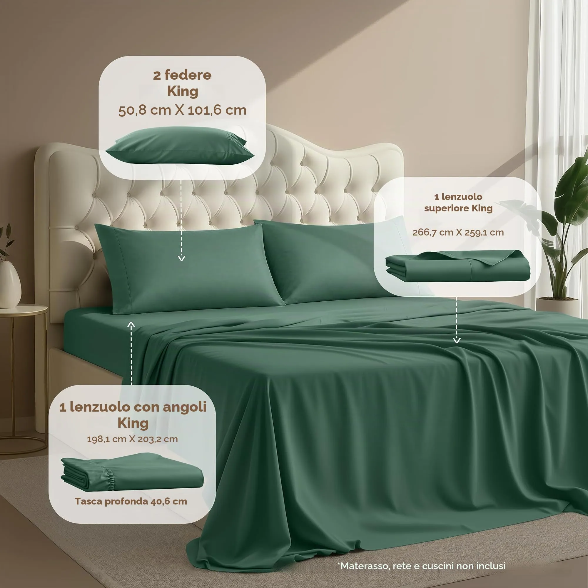 Utopia Bedding Set di Lenzuola in Microfibra Spazzolata, 4 Pezzi, King Size, Smeraldo - immagine 2